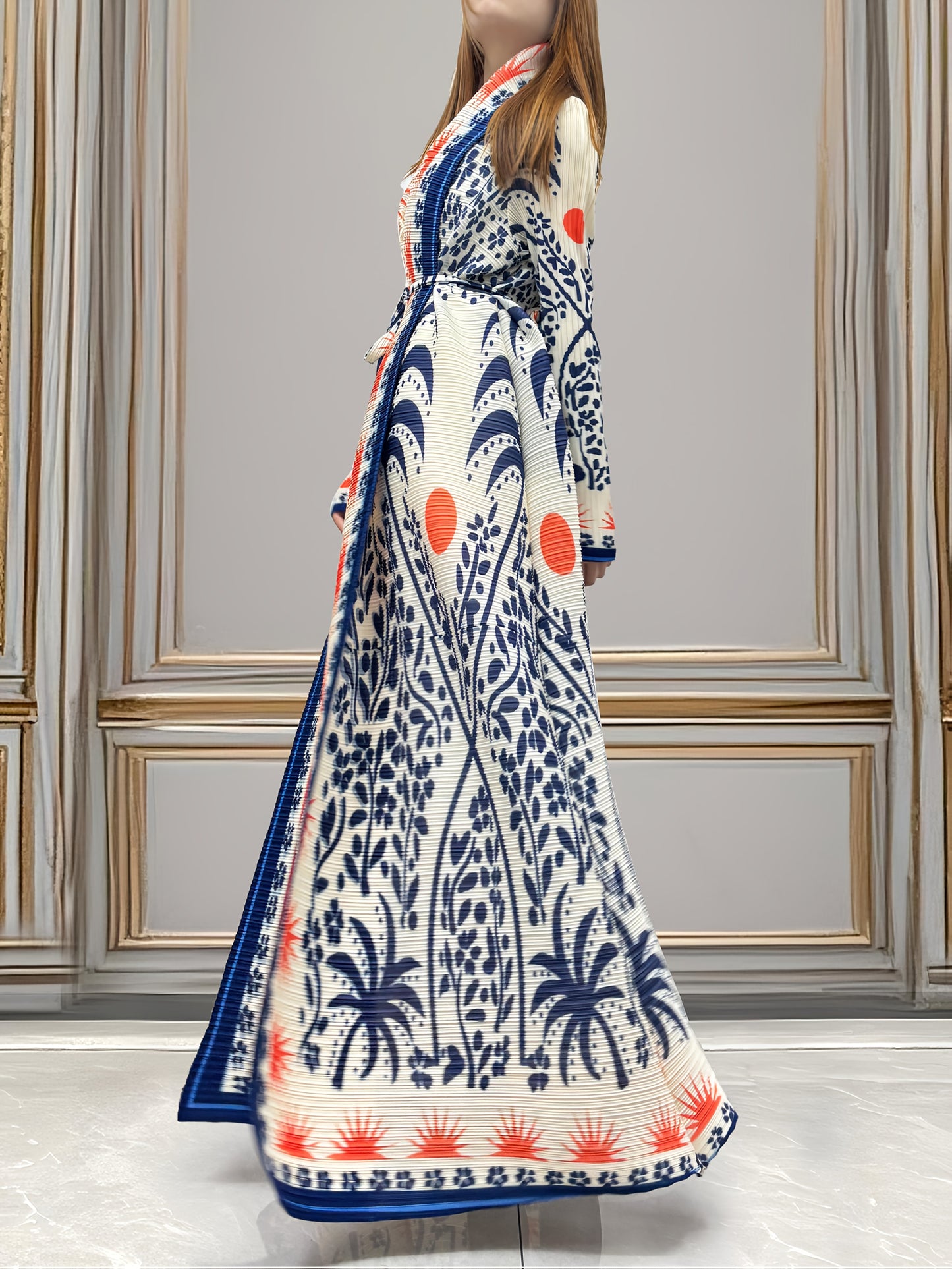 Plus-Size Middle Eastern Floral Print Robe - Blue & Red A-Line Long Lightweight Abaya with Belt, High-Stretch Machine-Washable Fabric for Spring/Fall Outdoor Wear, Fall Wardrobe, Loose Fit