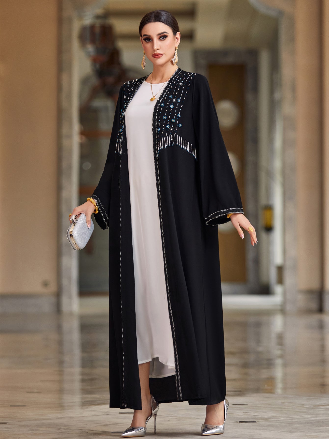 Elegant Black Rhinestone Embellished Maxi Dress for Women - Sleeveless, Open Front Abaya, High-Low Hem, Stretchy Polyester Blend, Perfect for Casual Family Gatherings & Formal Events