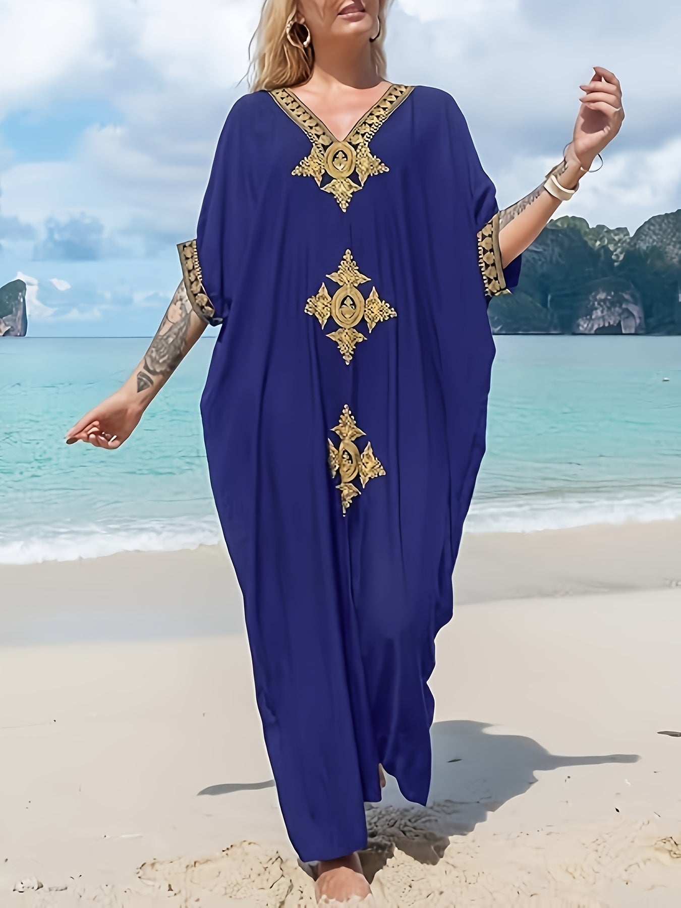 Elegant Black and Golden Kaftan Dress for Women - V-Neck, Batwing Sleeves, Maxi Beach Cover-Up Elegant Black and Golden Kaftan Dress for Women - V-Neck, Batwing Sleeves, Maxi Beach Cover-Up