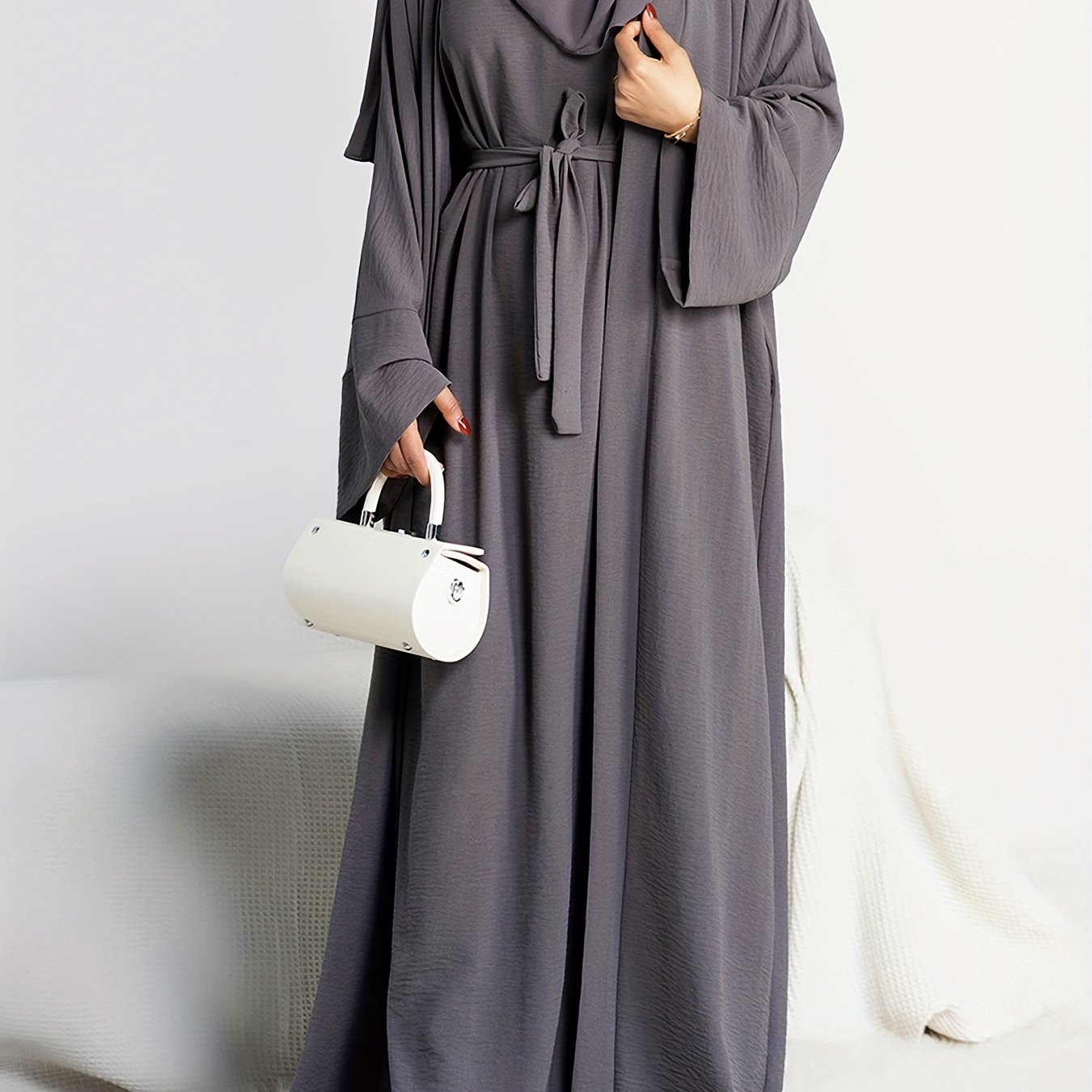 Muslim Lady 2pcs Arabic Abaya Set Eid Abaya Inner+open Abaya With Pocket