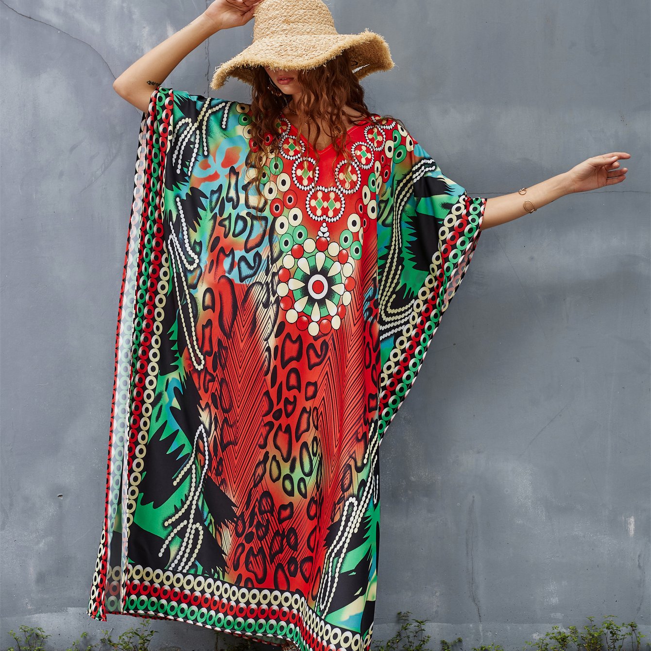 Women's Plus Size Floral Print Kaftan Dress - V-Neck, Batwing Sleeve, Loose Fit Beach Cover-Up & Casual Wear, Vibrant Red, Blue, Black, White & Green Patterns, Lightweight Polyester, Perfect for Spring/Summer/Fall