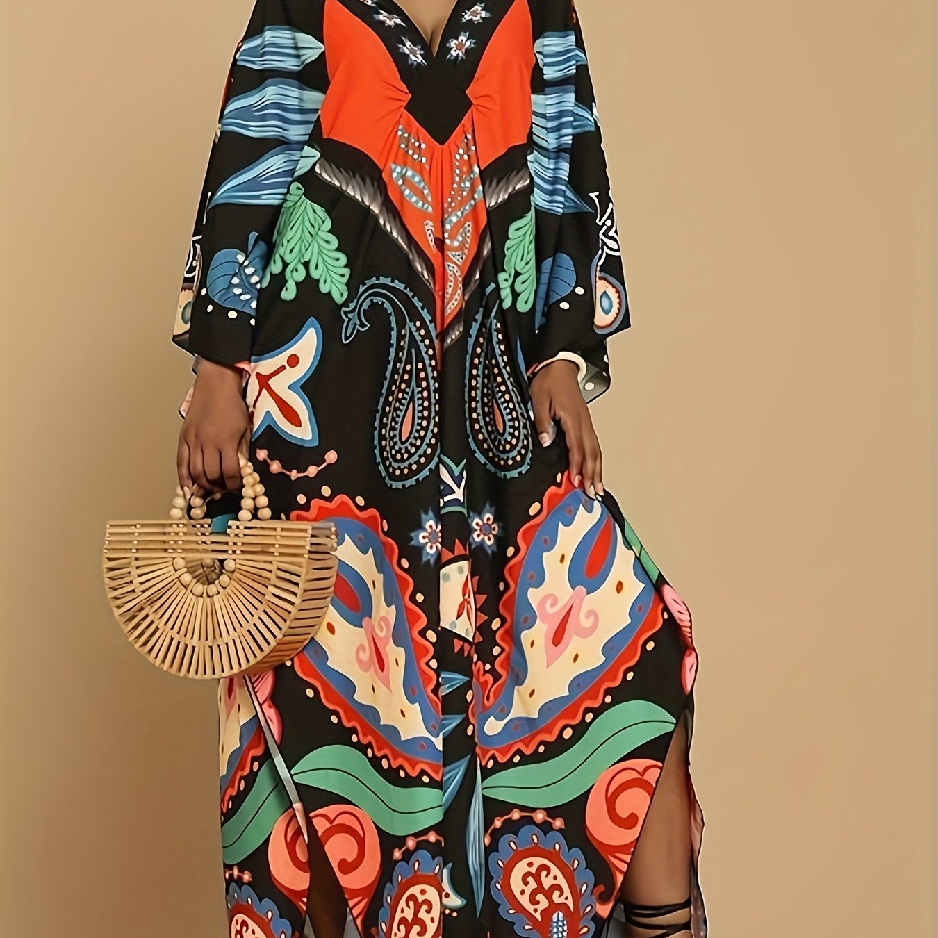 Plus Size Women's Elegant Butterfly Print Abaya Dress - Long Sleeve Loose Fit Turkish Beach Cover Up, Mid-Length H-Line Swimsuit Coverup with Slit Details, Hand Washable for Poolside & Festive Occasions, Bathing Suit Cover