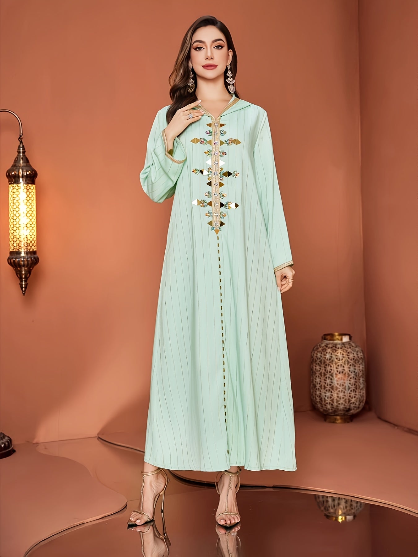 Elegant Mint Green Women’s Hooded Kaftan Dress with Rhinestone Embellishments, Long Sleeve Emirati Abaya with Zipper Front and Golden Trim, All-Season Wear