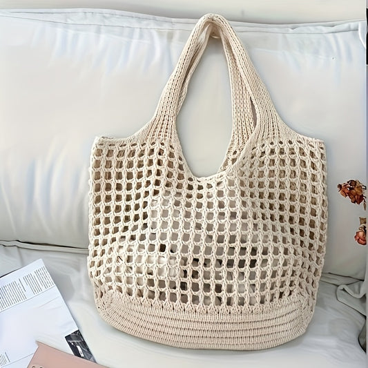 Large Capacity Woven Tote Bag - Openwork Shoulder Bag - Ultra-Light, Breathable, Spacious, Ideal for Casual Summer Travel