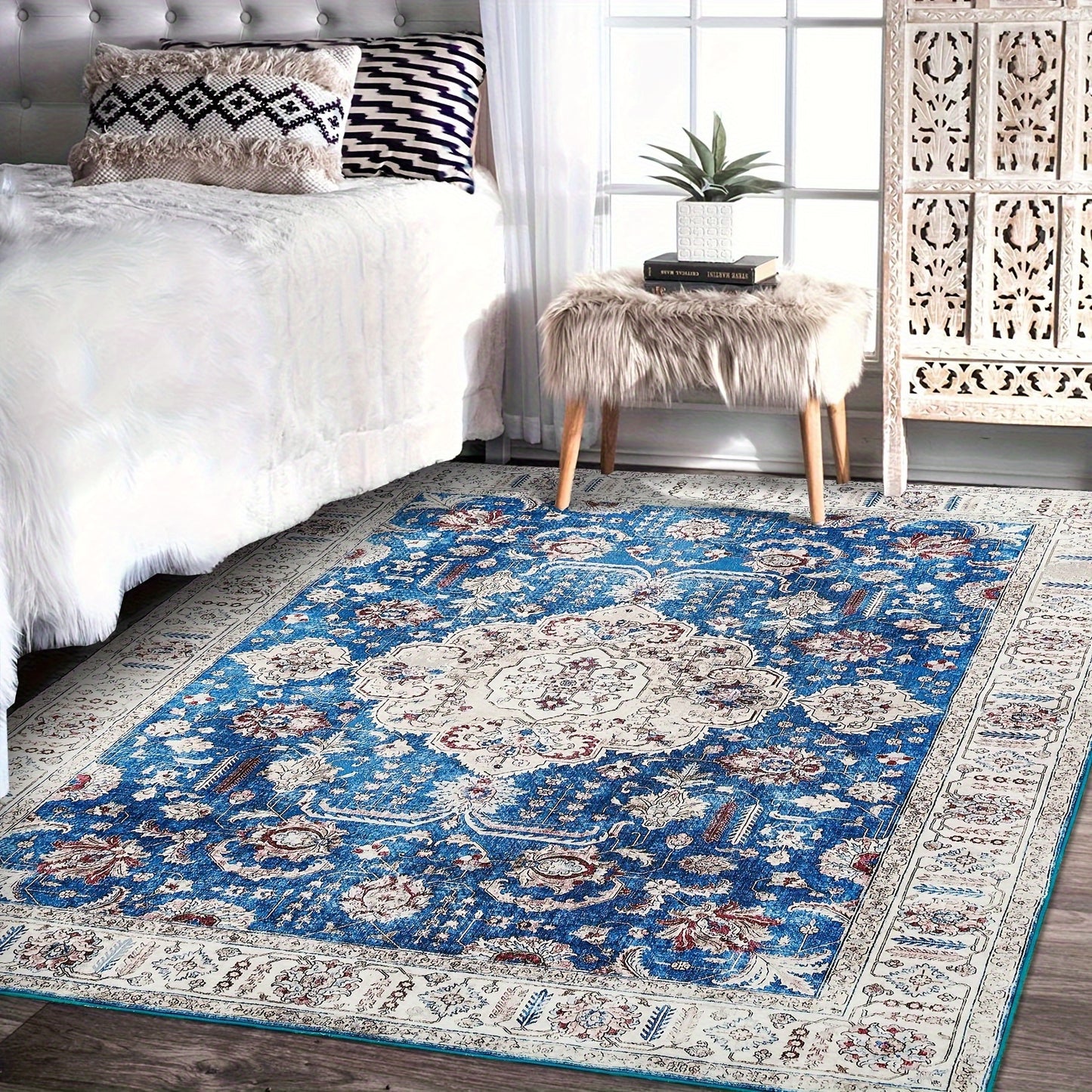 Machine Washable Runner Rug Boho Vintage Rug Non Slip Carpet For Bedroom Hallway Laundry Kitchen, Stain Resistant Dining Room Rugs Floral Oriental Entryway Rug Soft Living Room Rug, Blue