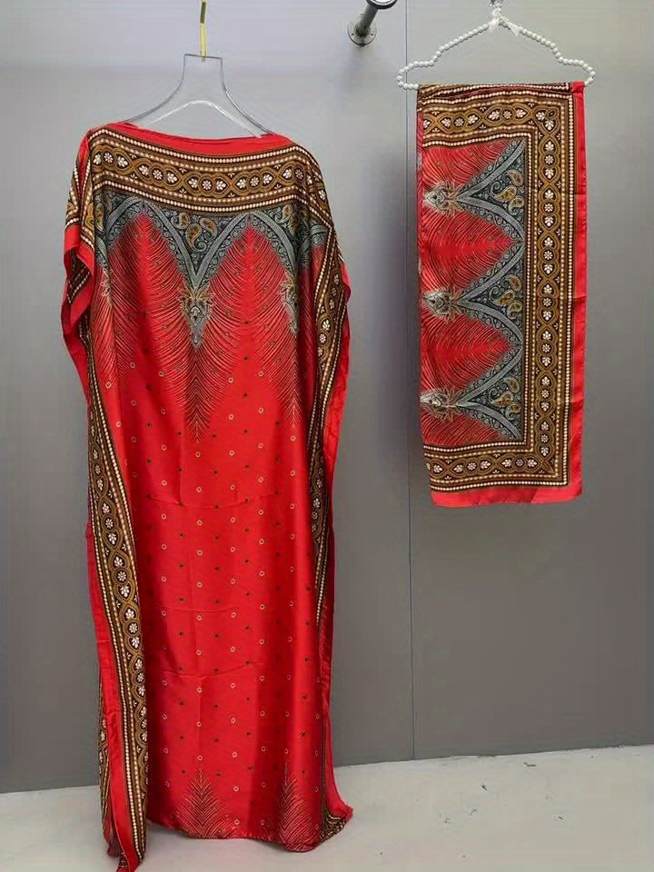 Print Abaya | Women's Clothing | Elegant Short Batwing Sleeve Kaftan | Loose Dress With Scarf | For Spring & Summer