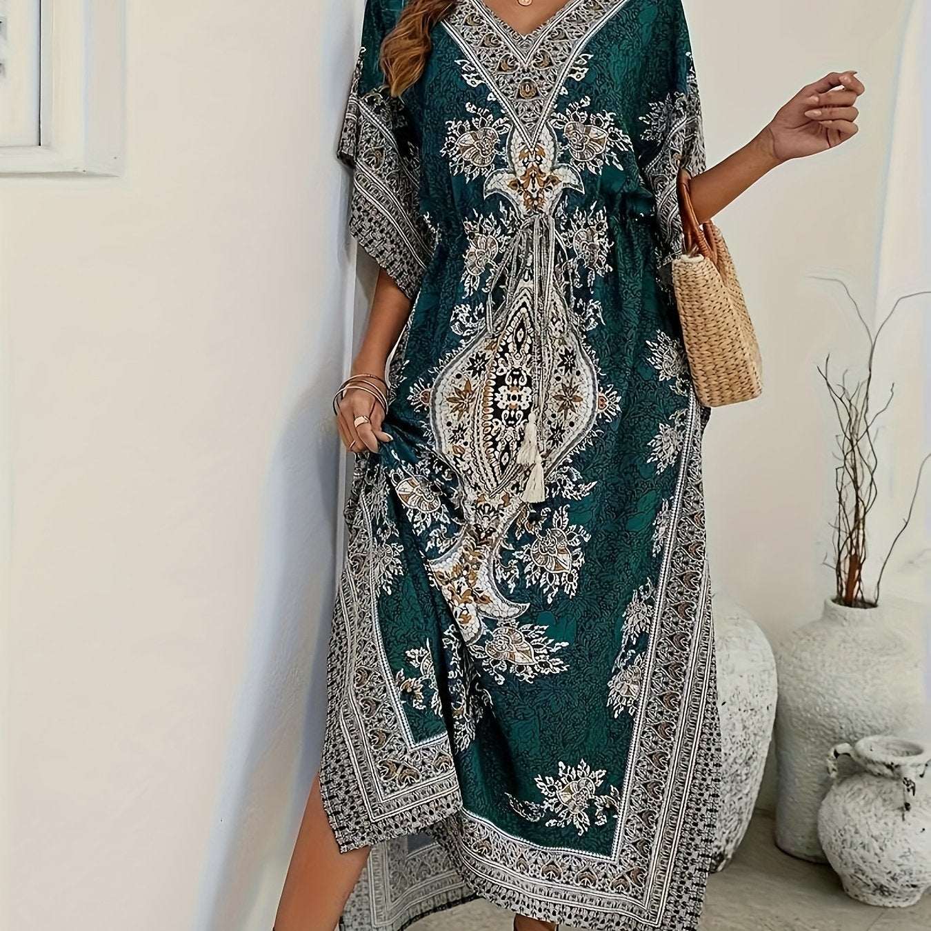 Women's Middle Eastern Muslim Kaftan Abaya, Loose V-Neck Beach Bohemian Party Dress