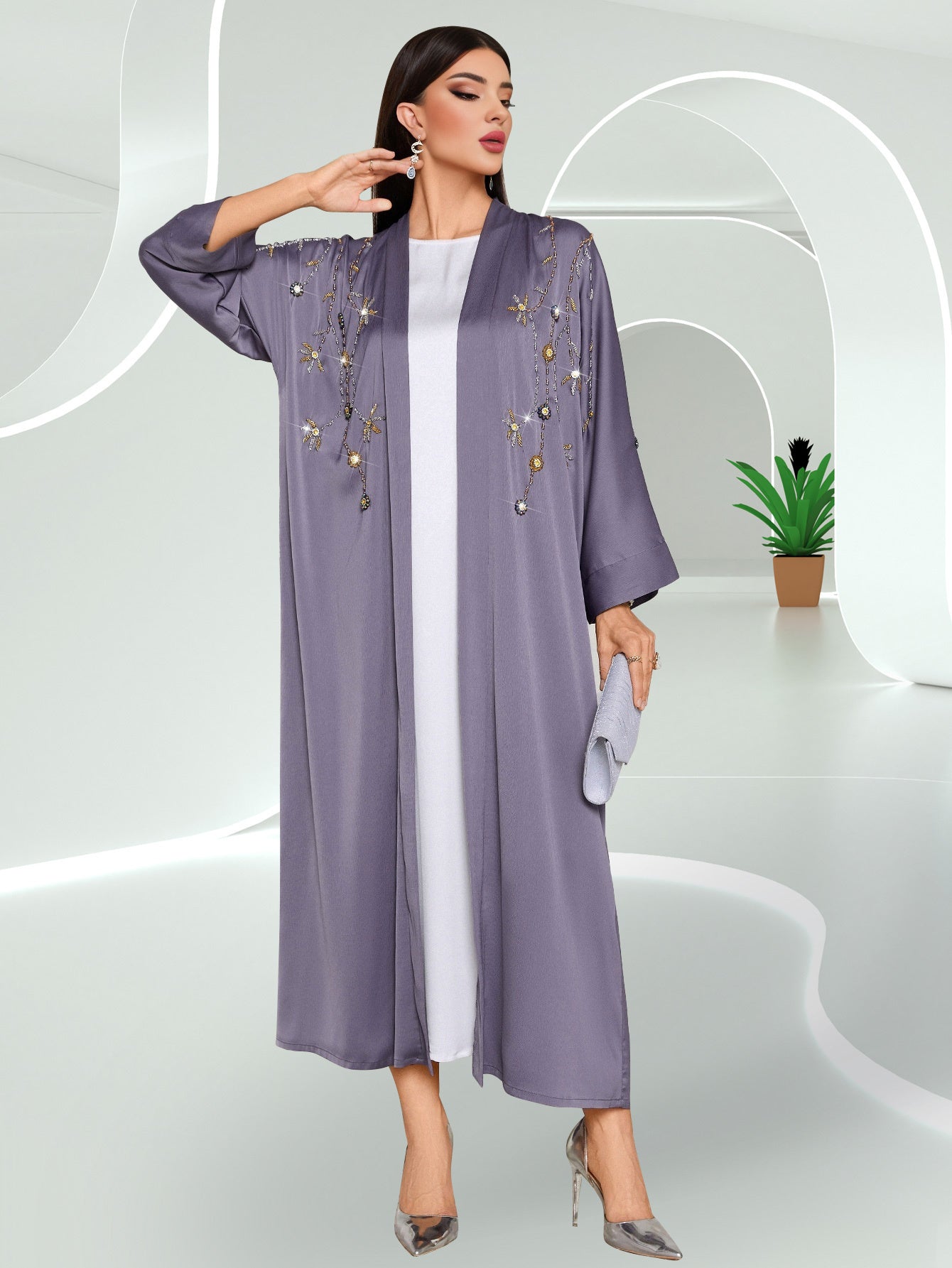 Elegant Green & White Long Tunic Dress with Beaded Detail - Casual Turkish Abaya Style, Long Sleeve, Floor-Length, Perfect for Spring/Summer, Casual Summer Wear | Elegant Long Dress | Texture