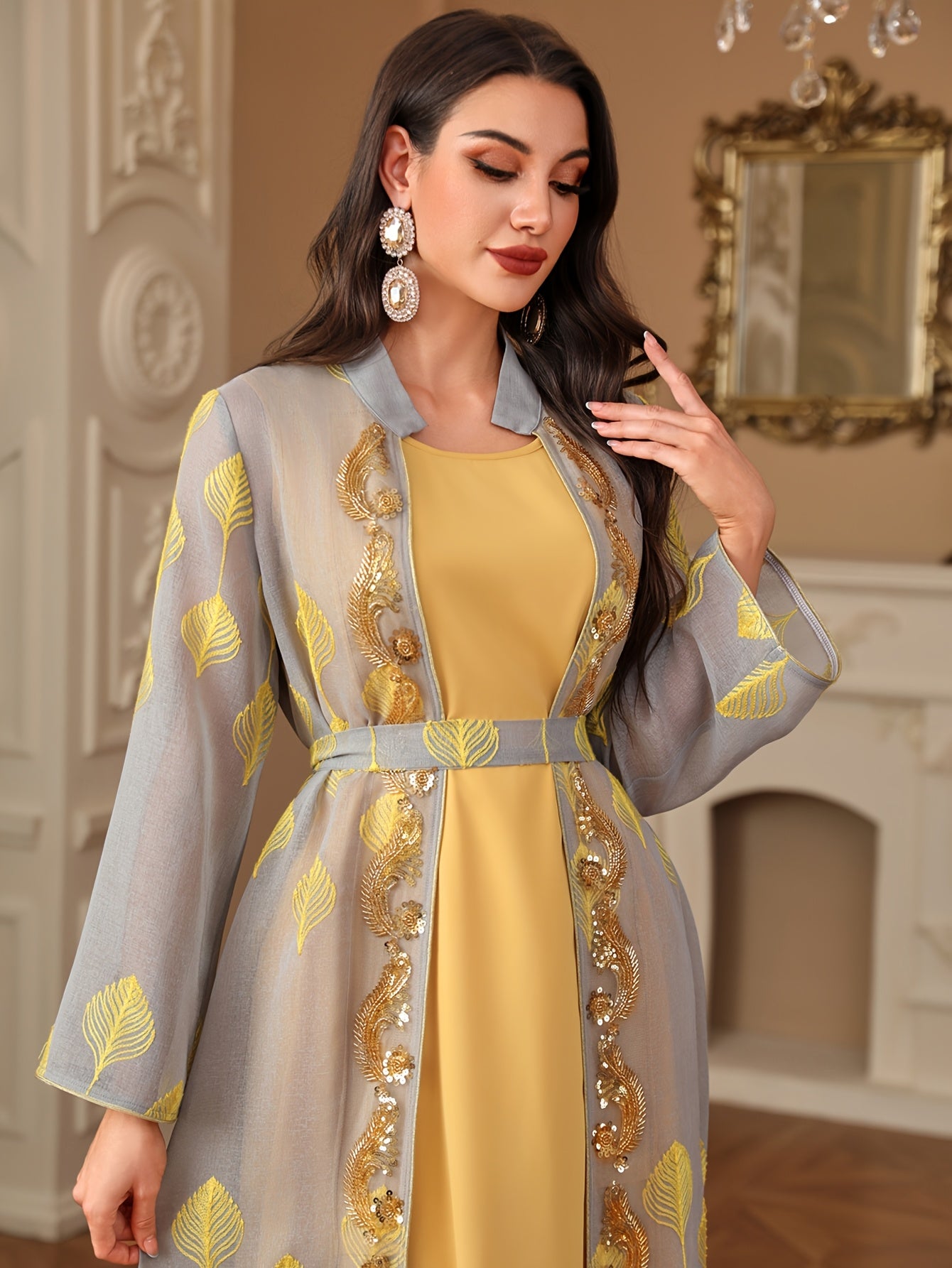 Stylish Round Neck Solid Color Long Abaya Gown Dress + Embroidered Sequin Beaded Long Sleeve Waist-Cinched Two-Piece Set