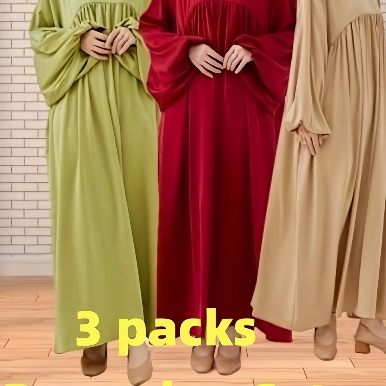 Ramadan Three-Pack Muslim Abaya Dress with Packaging, Soft and Comfortable, Flowing Wide Skirt, Extra Large Sleeves and Cuffs, Elastic