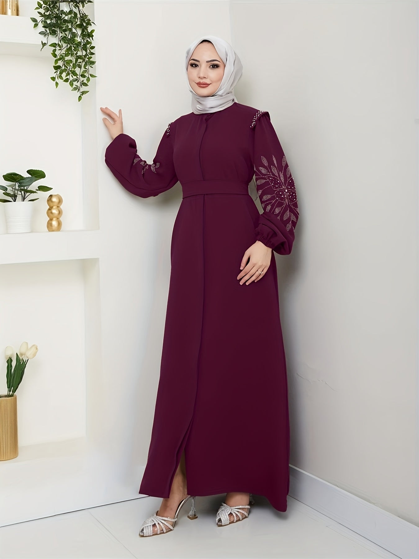 Elegant Middle Eastern-Inspired Rhinestone & Pearl Embellished Long Palestinian Abaya Dress - 100% Polyester Solid Black Floor-Length with Belt, Hand Wash Only for Modest Women