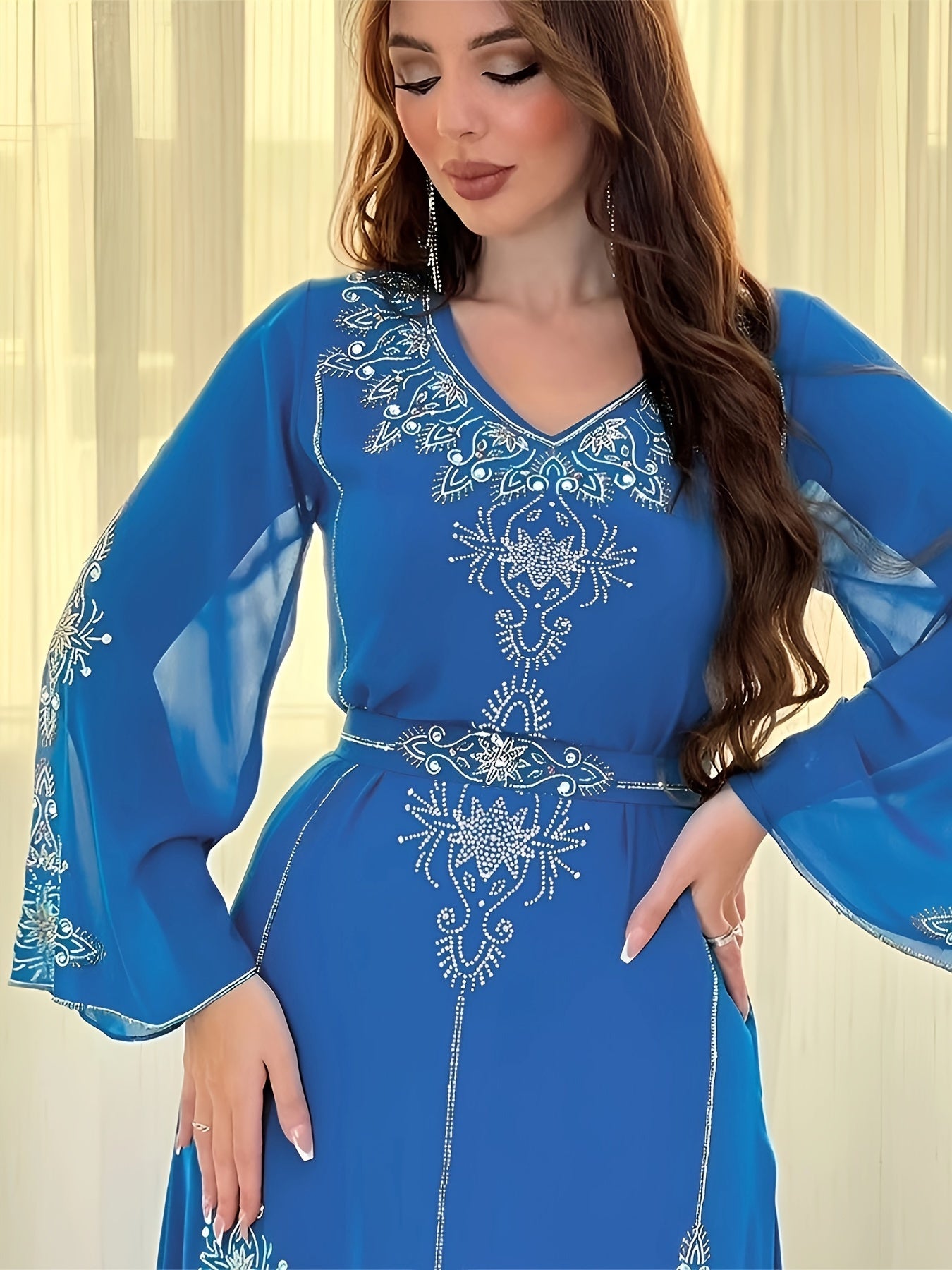 Elegant Rhinestone Embellished Chiffon Dress - Summer Long Robe for Women, Polyester, Machine Washable, Middle Eastern Style Palestinian Abaya