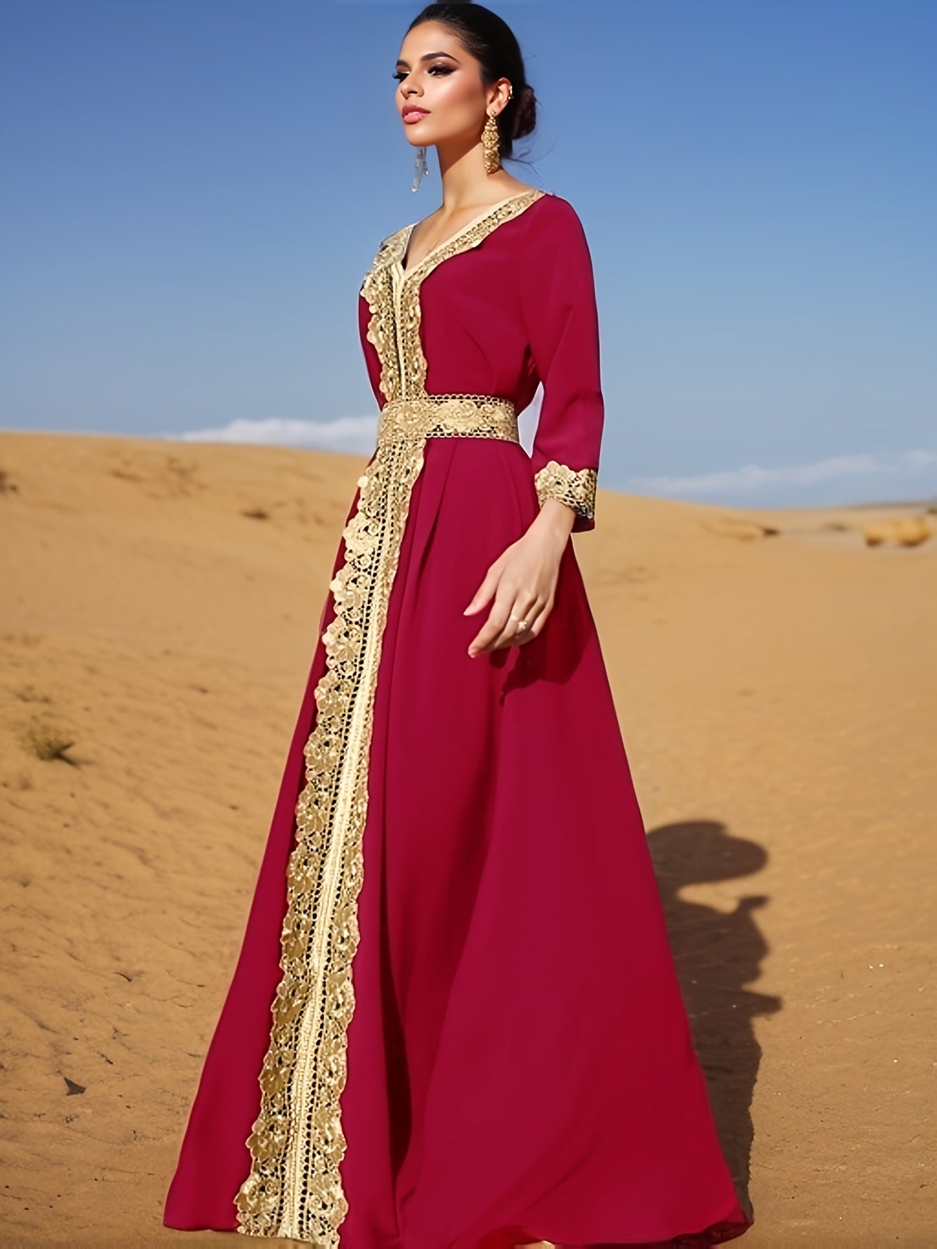 Elegant Golden Contrast Lace Detail Maxi Palestinian Abaya - V-Neck, Long Sleeve, Polyester, Formal or Evening Wear for Women, Formal Occasion Attire | Lace Detailing | Polyester Fabric