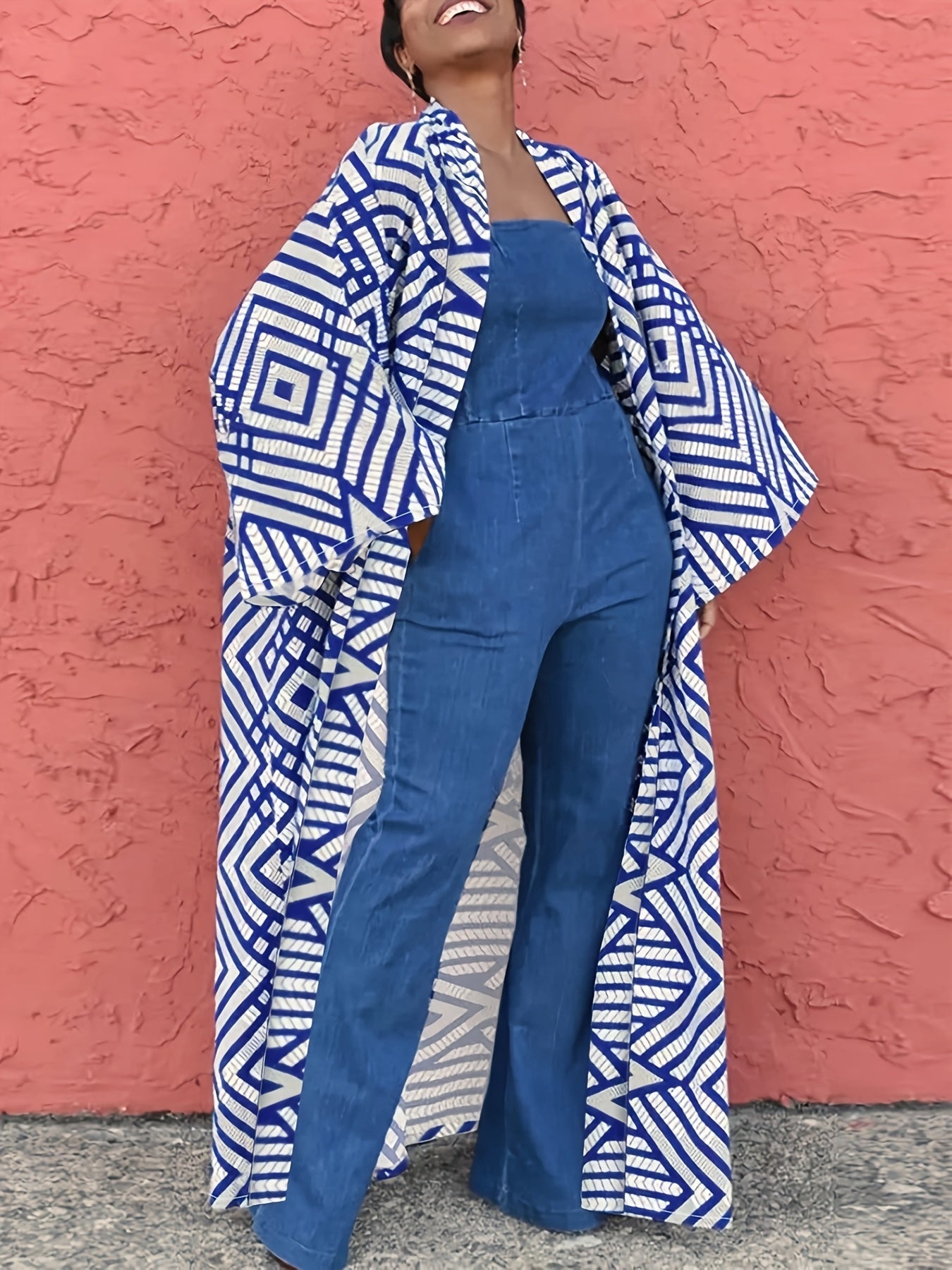 Chic Plus Size Open Front Kimono Abaya Cardigan - Casual & Versatile, Machine Washable, Polyester Blend with Elastane, Elegant Print Design