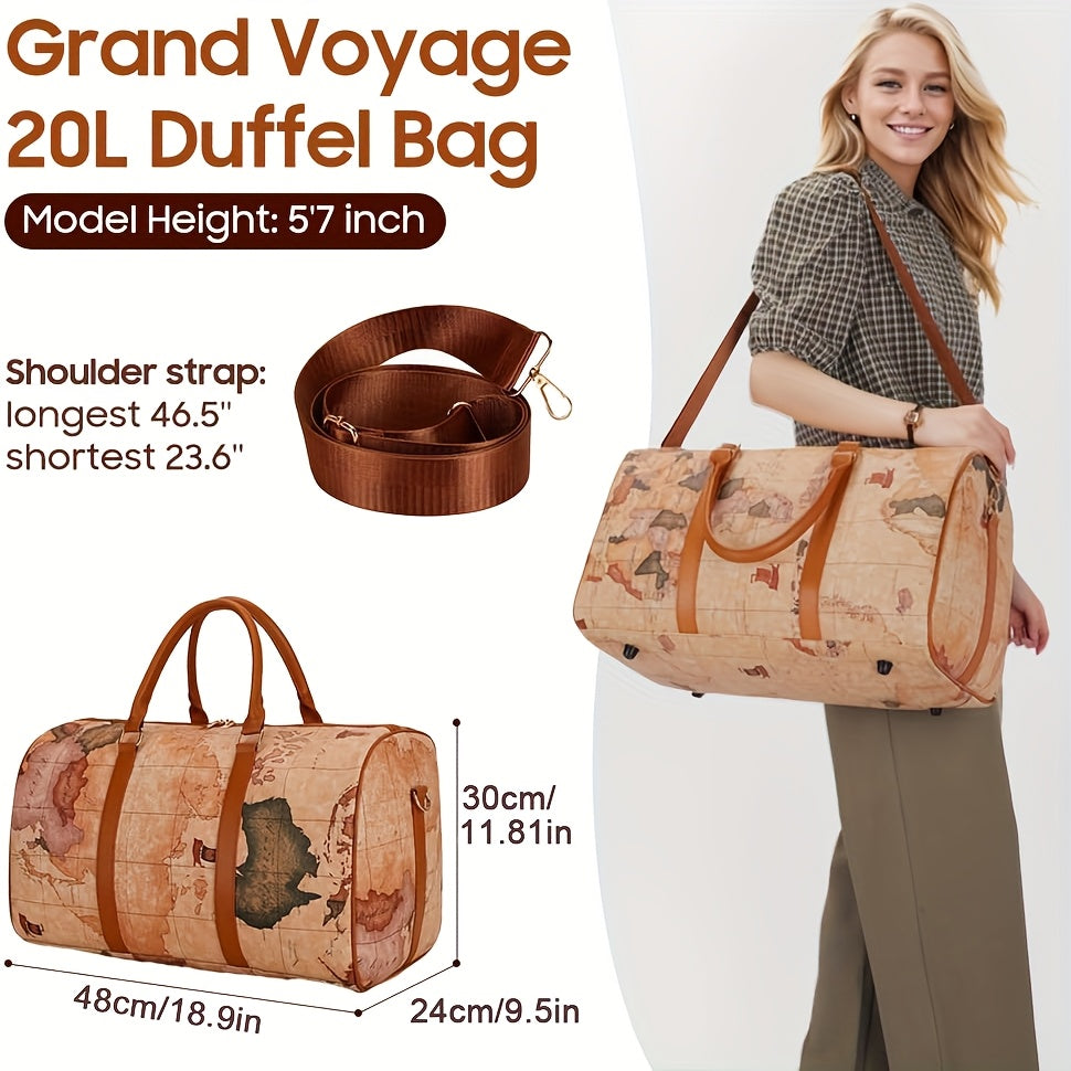 Vintage Leather Map Design Travel Duffel Bag, Large Capacity Luggage with Zipper Closure, Polyester Lined, Edge Painted - Hand Wash/Dry Clean Only, Secure Storage Bag | Retro Style Suitcase | Bag, Luggage for Travel