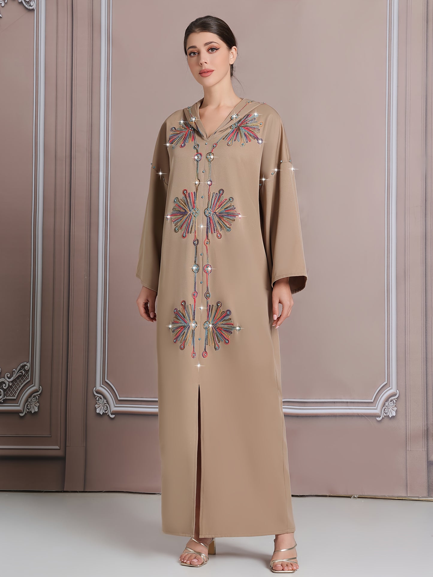 Elegant Long-Sleeve Kaftan with Colorful Embroidery - Polyester, Drop Shoulder, Slit Hem, No Belt, All-Season Wear, Abaya for Women, Festive Attire|Elegant Embroidery|Polyester Kaftan