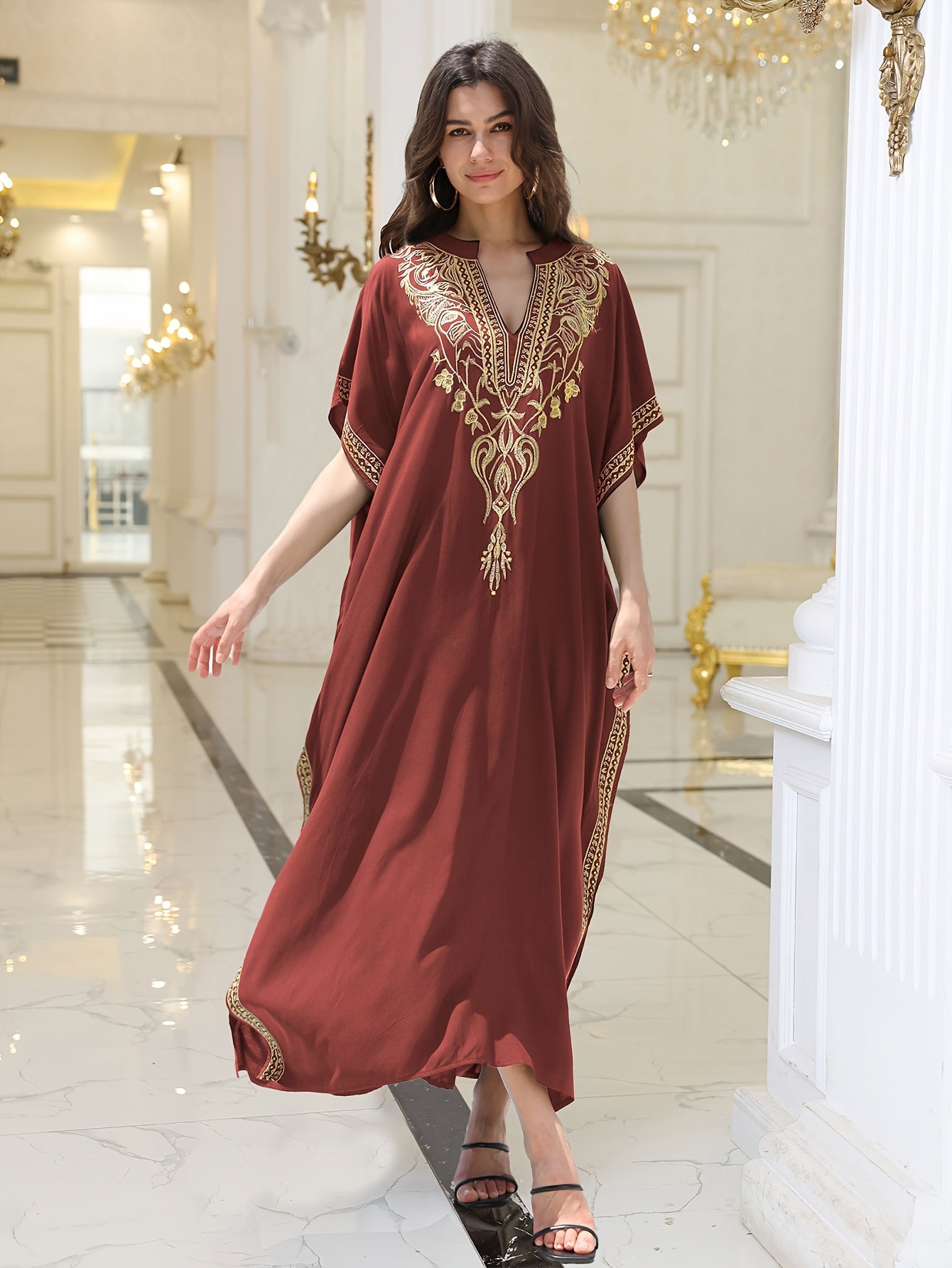 Long Robe Golden Embroidered Vacation Robe Kaftan Dress V-neck Beach Cover Shirt Kaftan