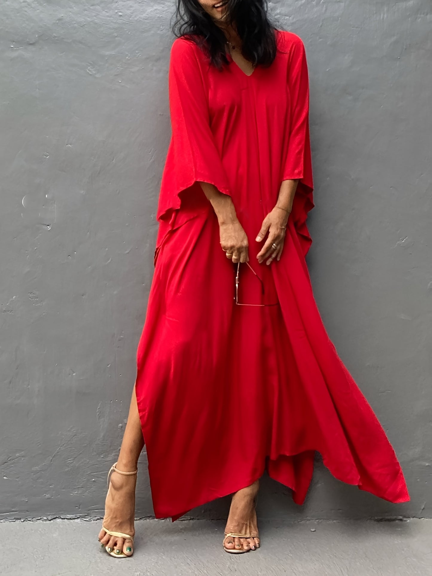 Elegant Plus Size Kaftan Abaya - Luxurious Batwing Sleeve, Flowy Loose Fit Maxi Robe for Women - Soft Rayon Blend, Non-Stretch Fabric, Perfect for Spring, Summer, and Fall Seasons
