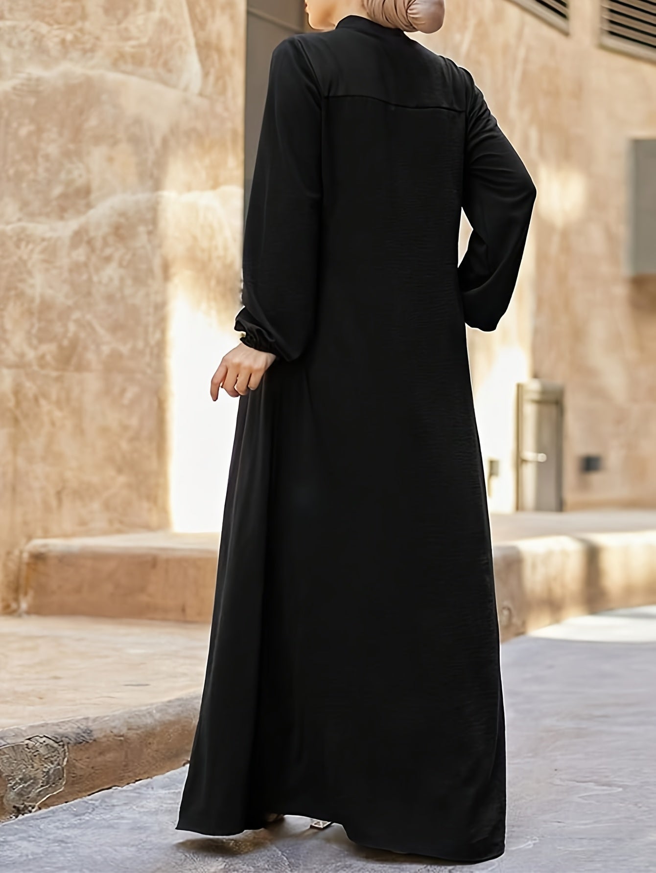 Elegant Black Long Sleeve Palestinian Abaya Dress with Zipper Pockets - Casual Loose Fit, Collared Neckline, Traditional Middle Eastern Style, Comfortable Women'S Dress|Casual Elegance|Pocketed Dress