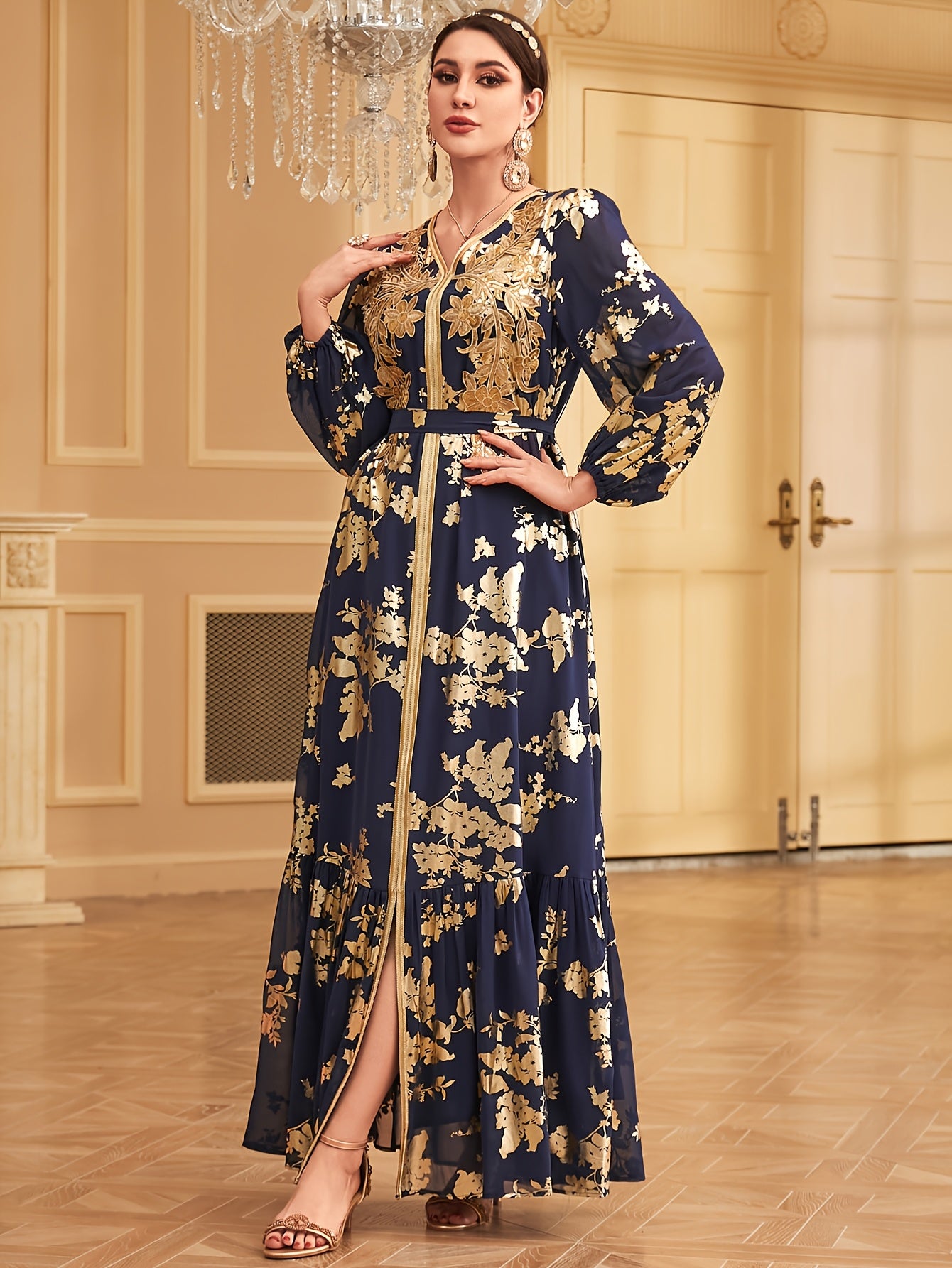 1pc Elegant Embroidered Long Sleeve Modern Abaya with Golden Accents, Polyester 100%, Regular Fit, All-Season Floral Print with Slit Hem and Waist Belt