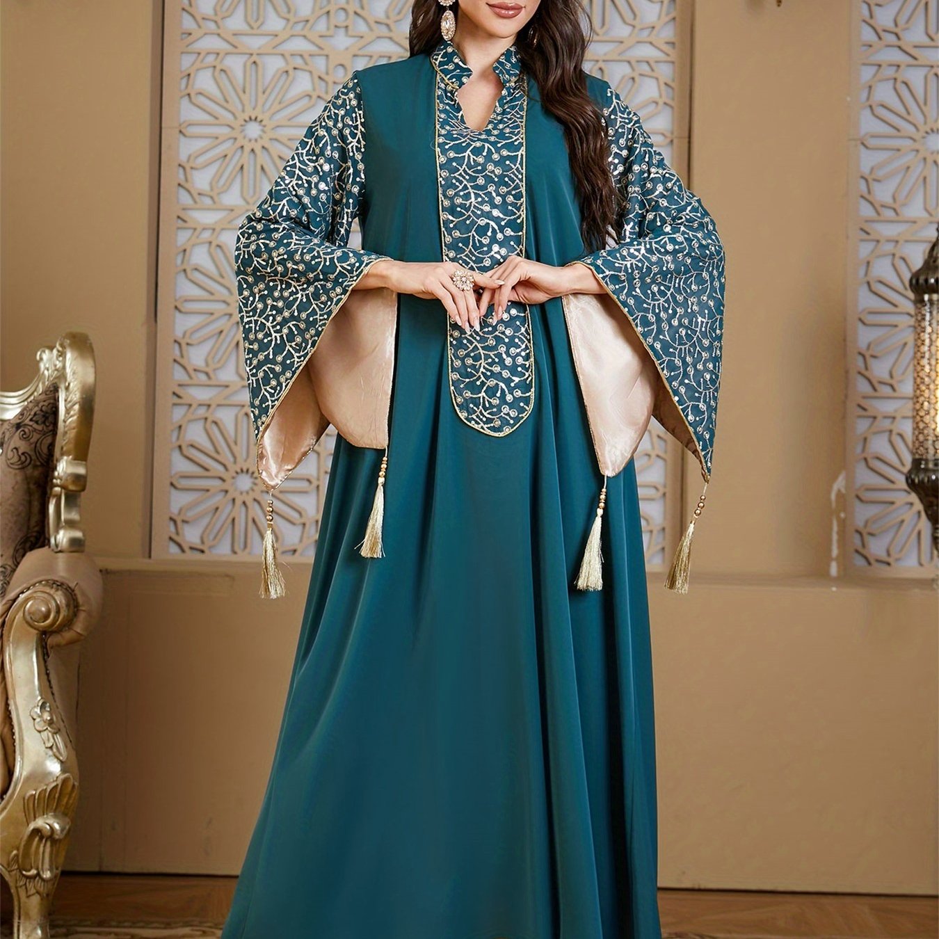 Elegant Muslim Kaftan Abaya Evening Dress with Floral Embroidery & Tassel Flare Sleeves - Navy Blue Maxi Abaya for Women, Middle Eastern-Inspired Traditional Gown, Hand Wash/Dry Clean