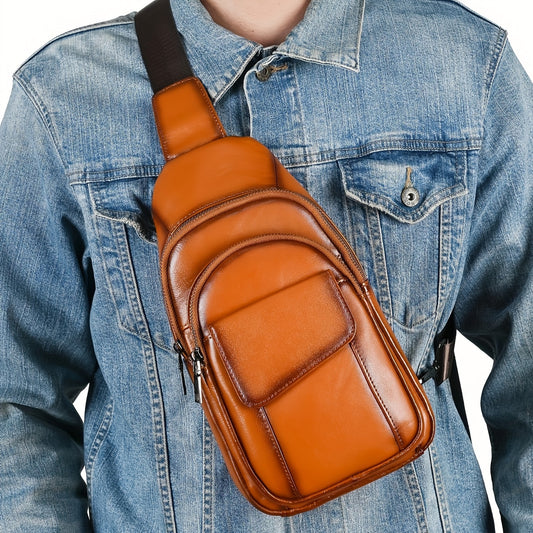 Head Layer Cowhide Men's Sling Bag, Vintage Leather Crossbody Bag, Multifunctional Multi-Layer Design Business Leisure Outdoor Sports Bag