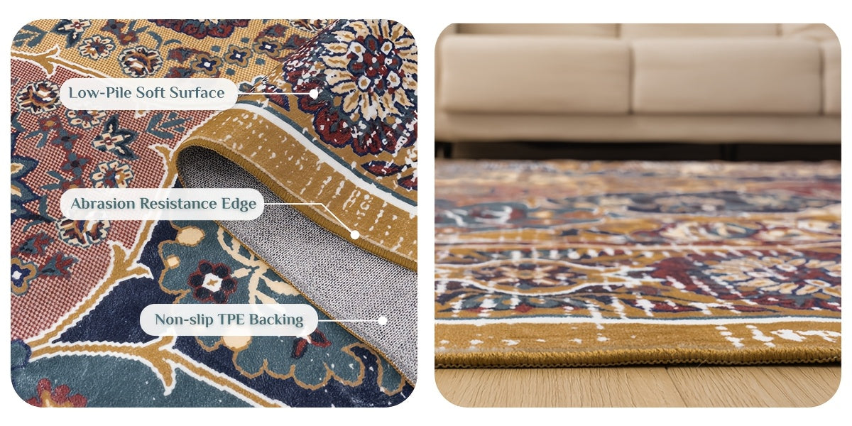Washable Vintage Medallion Small Mat with Non-Slip Backing Soft and Stain Resistant Non-Shedding Low Plush Floor Mat Pad for Living Room Bedroom Kitchen Home Office