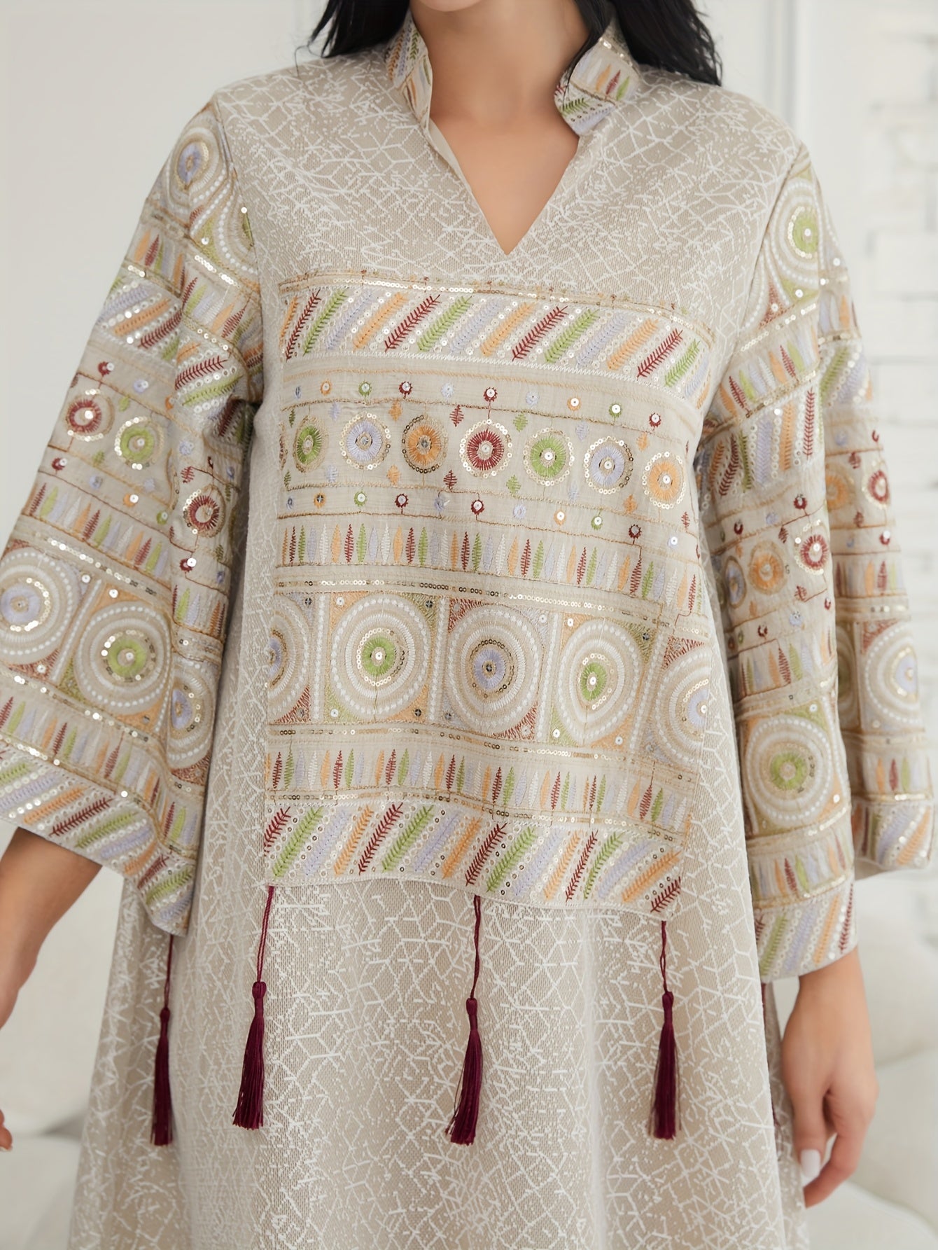 Women's Middle Eastern-Inspired Kaftan Abaya Dress - Luxurious Lightweight Geometric Pattern Long Sleeve Loose Fit Floor-Length Elegant Evening Gown for Spring Summer Fall