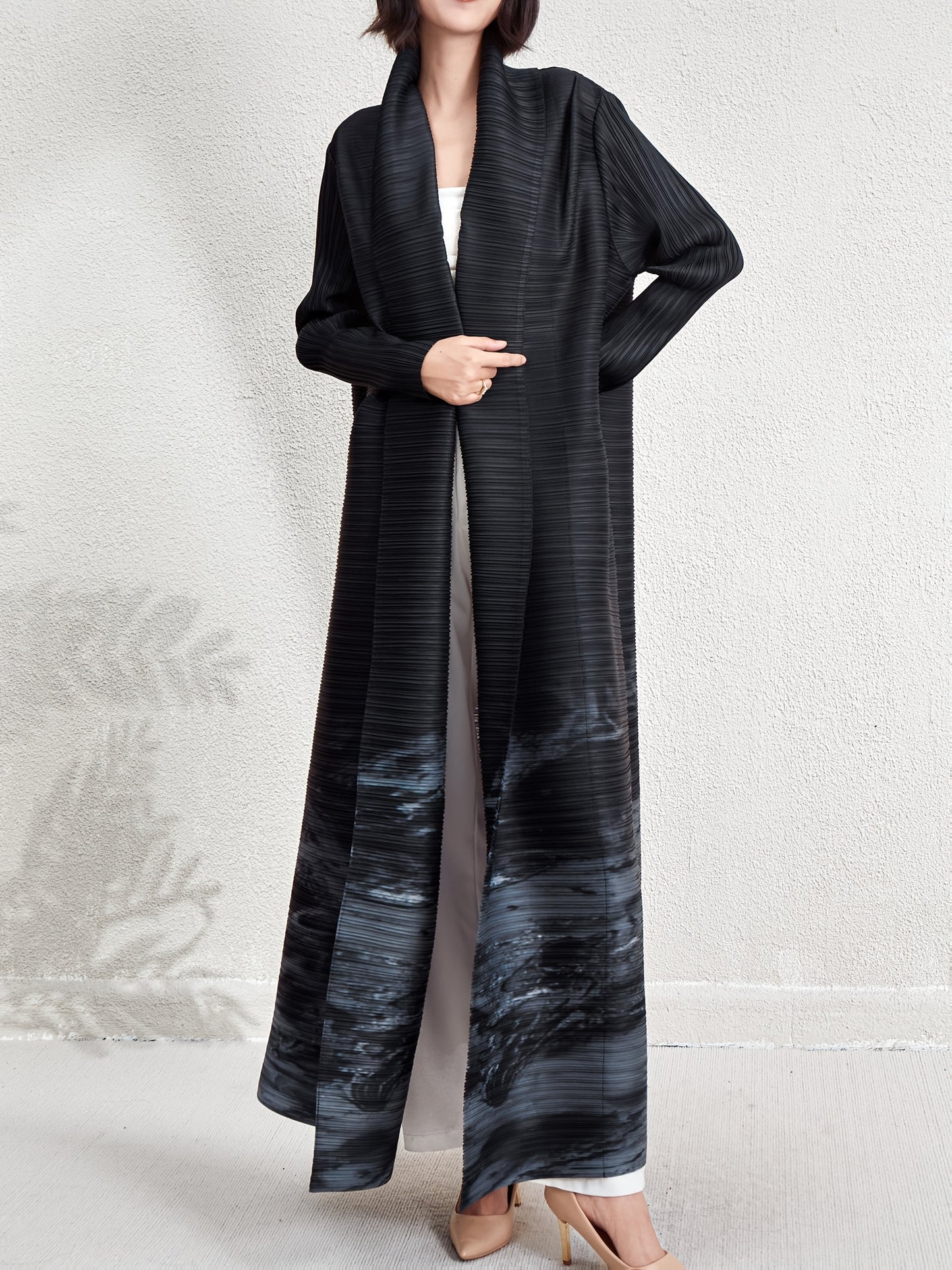 Elegant Dubai Muslim Abaya Cardigan Dress - High Elasticity Striped Pleated Long Robe with Adjustable Waist, Lightweight Comfort for Eid, Travel & Work | Spring Summer Fall A-Line Loose Fit Machine Washable, Modest Fashion, F