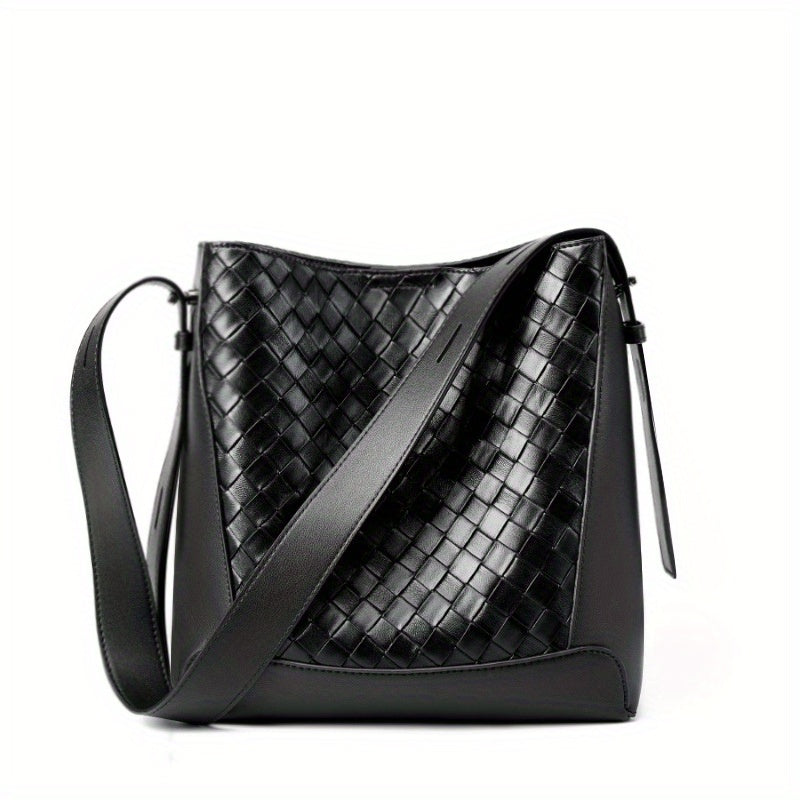 Genuine Leather Woven Tote Bag for Women - Large Capacity Crossbody Shoulder Bag with Adjustable Strap, Zipper Closure & Polyester Lining