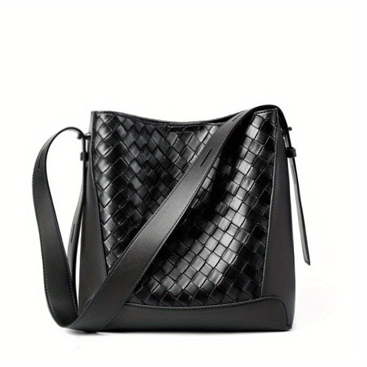 Genuine Leather Woven Tote Bag for Women - Large Capacity Crossbody Shoulder Bag with Adjustable Strap, Zipper Closure & Polyester Lining