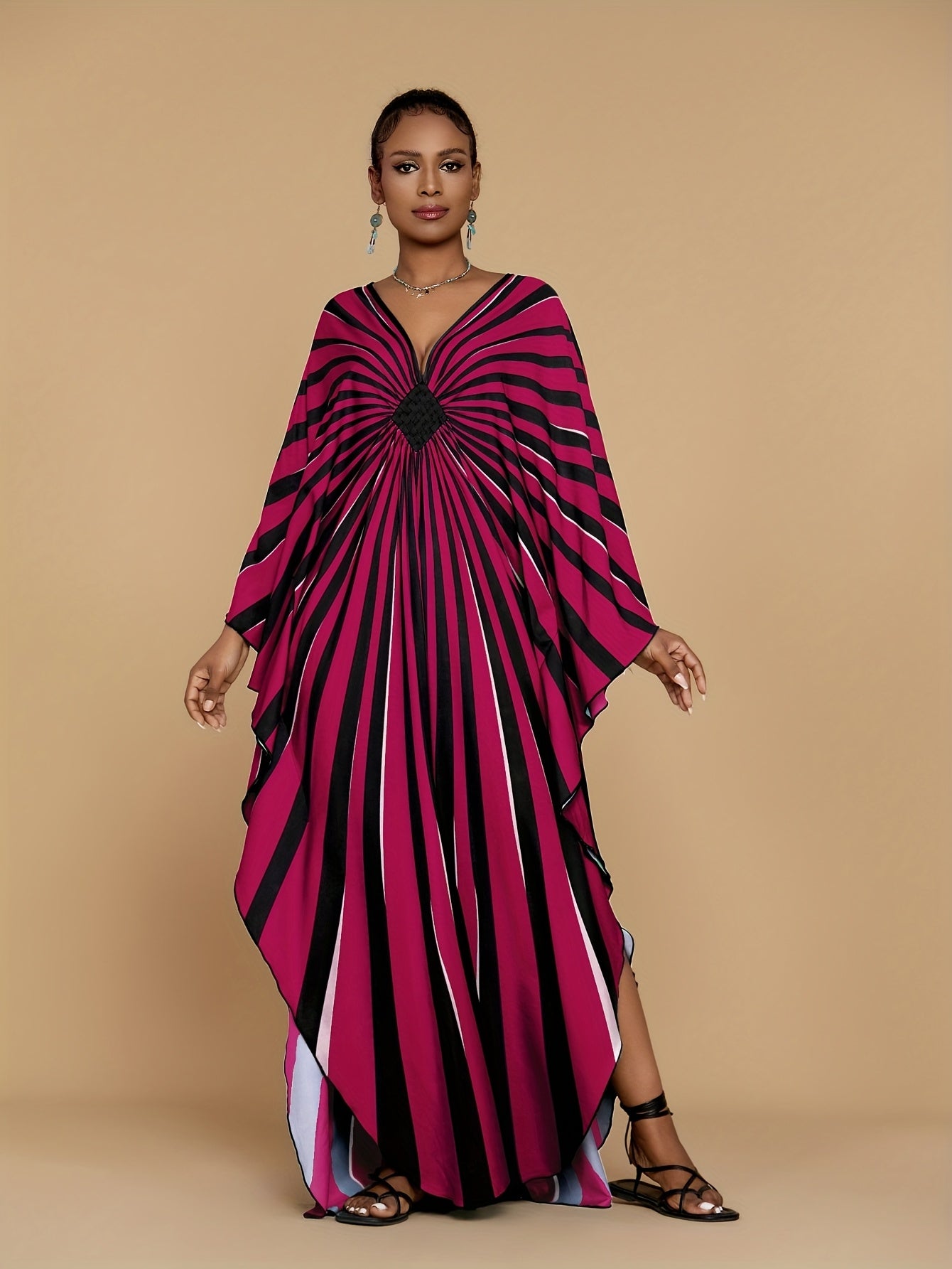Plus Size - Bohemian Stripe Print Kaftan Dress for Women - V-Neck, Half Sleeve, Long Length, Lightweight Polyester, Perfect for Beach Coverup & Casual Vacation, Plus Size, Spring/Summer/Fall Wear, Beach Dress