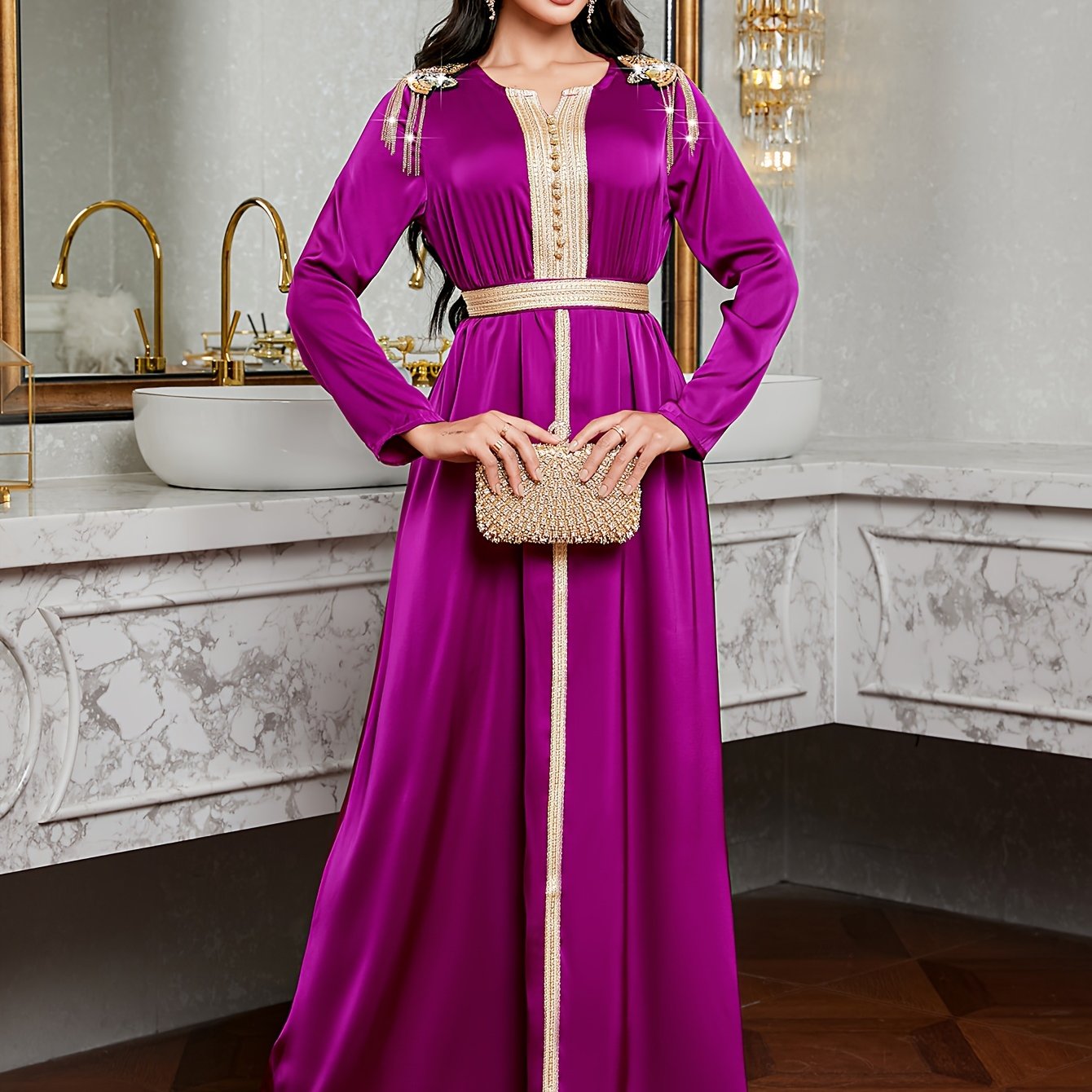 Elegant Purple Emirati Abaya Long Dress | Golden Embroidery, Tassel Detail, Belted, All-Season Wear, Formal Event Attire, Formal Attire, Embroidered Dress, Detailed Embroidery