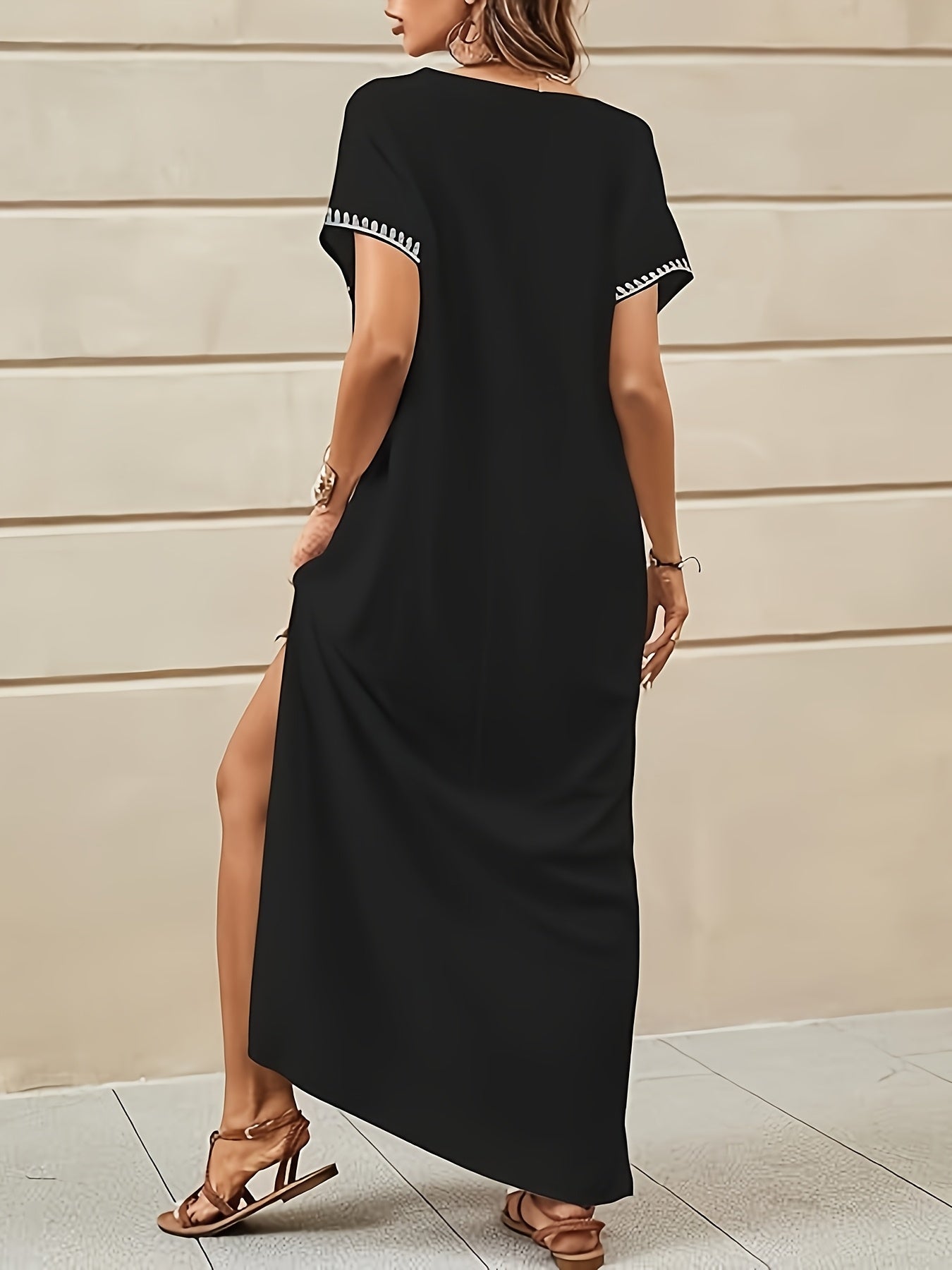 Embroidery Long Kaftans for Women Bathing Suit Cover Up V Neck Kaftan Loungewear Maxi Dresses Black