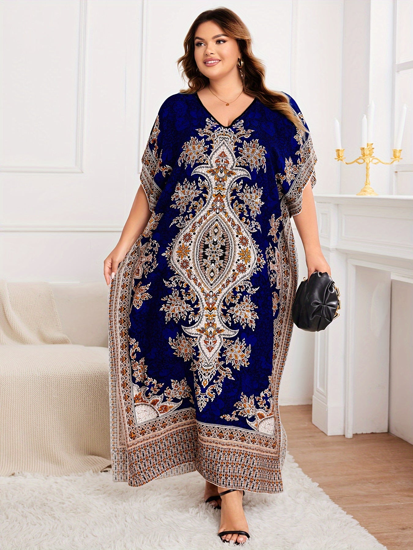 Plus Size, European and American Plus Size Women's Bohemian Vacation Dress with Middle Eastern Kaftan Abaya Style