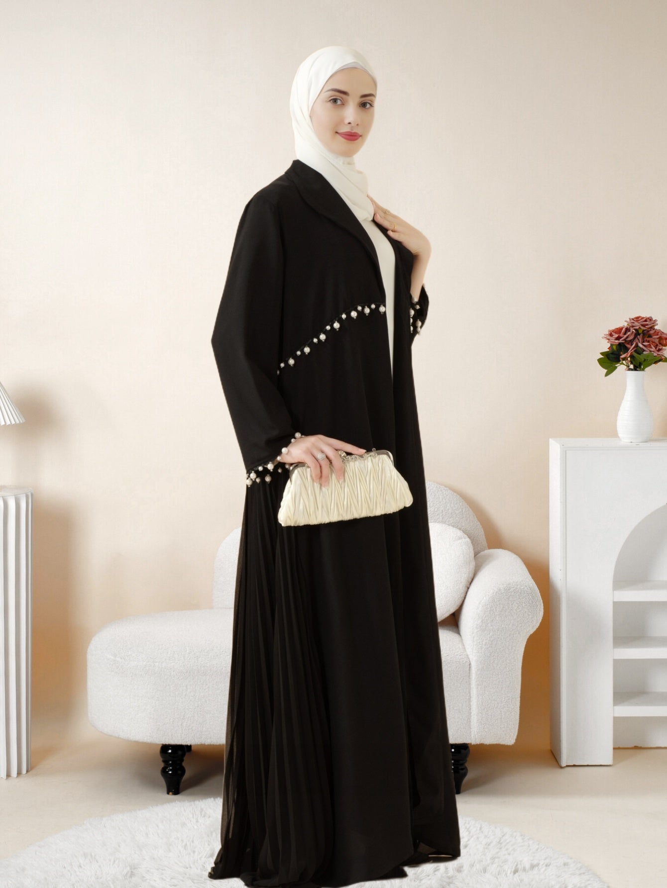 Elegant Pearl-Embellished Black Emirati Abaya with Ruched Detail - Long Sleeve, Floor-Length, Summer Wear for Women, Versatile Fashion|Ruched Abaya|Pearl Embellishments