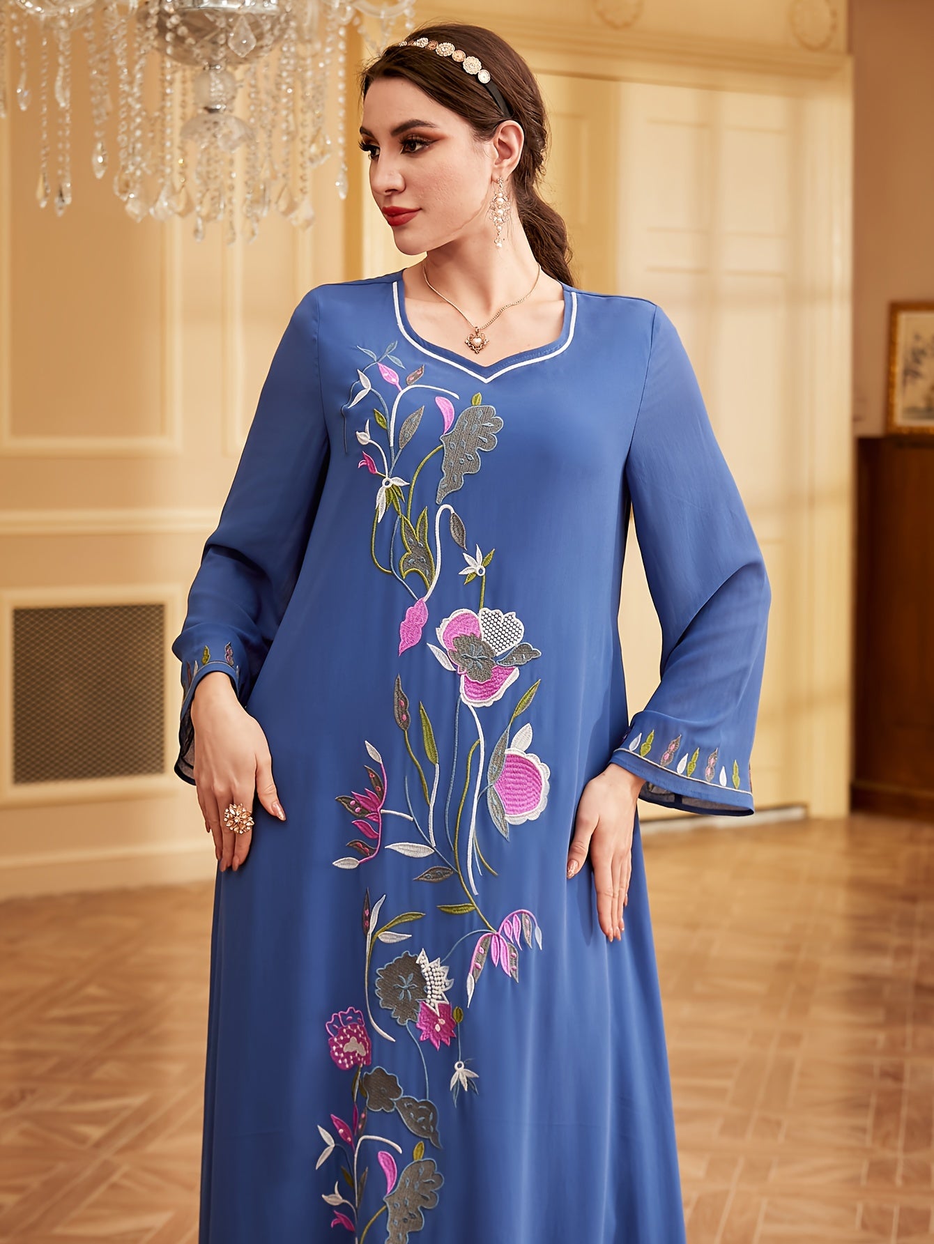 Elegant Embroidered Long Sleeve Maxi Baju Abaya - Polyester, Machine Washable, Non-Stretch Fabric for Women