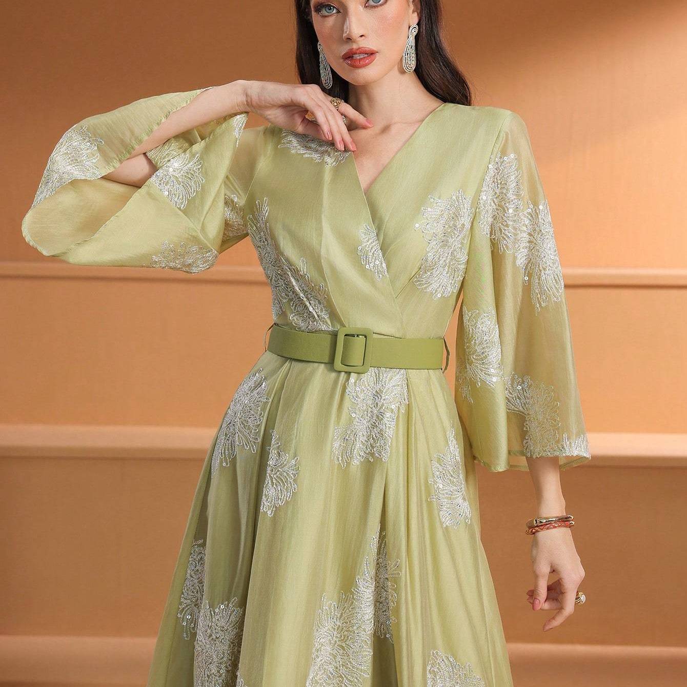 Women's Middle Eastern-Inspired Cross Neck Batwing Sleeve Modern Abaya with Adjustable Belt - Floor-Length Solid Color Formal Gown for Office, Weddings, Parties & Daily Gatherings