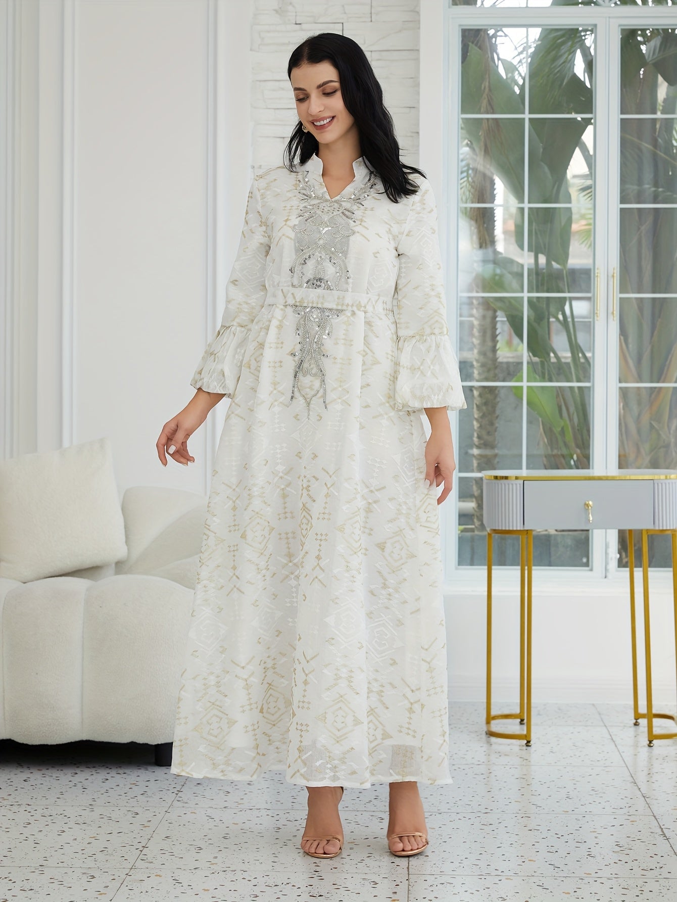 Elegant Women's Traditional Middle Eastern Abaya Dress with Embroidered Mesh Overlay - Long Sleeve, Belted Waist, Loose Fit, Geometric Pattern, White & Golden Design for Spring/Summer/Fall, Cultural Attire | Intricate Embroidery