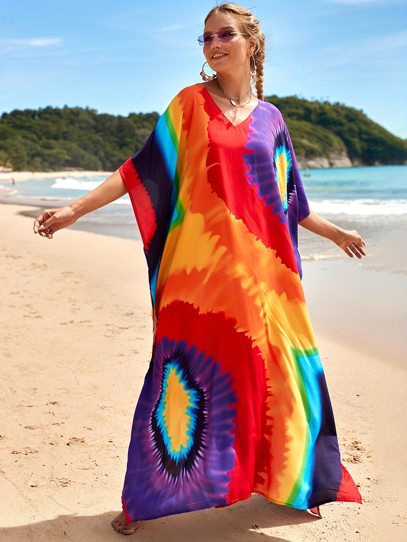 Women's Boho Maxi Kaftan Dress, V-Neck Long Dress Swimsuit Cover-Up, Casual Plus-Size Beachwear For Summer Vacation