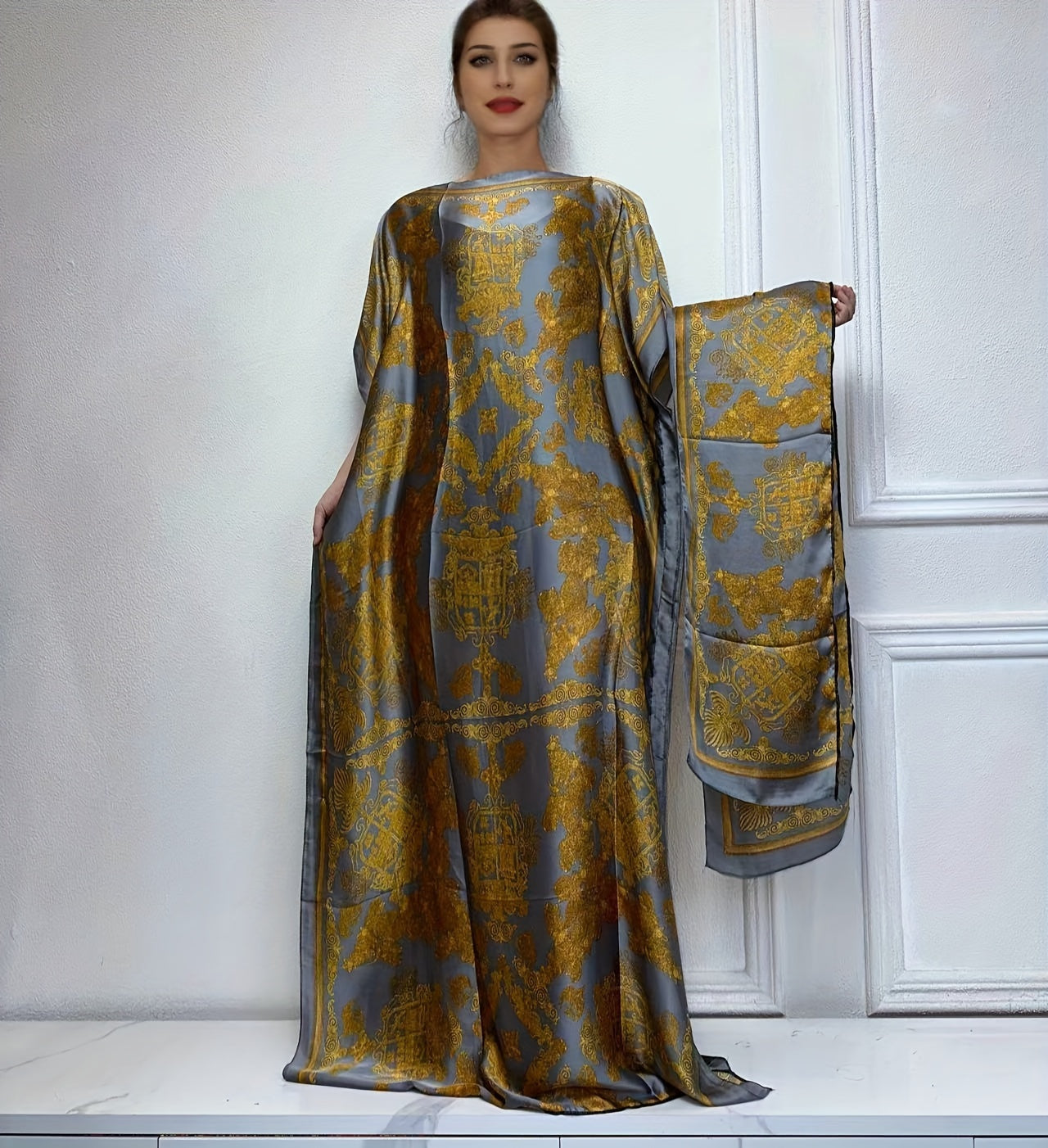 Lightweight Polyester Women's Kaftan Abaya Dress | Golden Floral Print Batwing Sleeve Loose Fit Maxi Dress, Middle Eastern-Inspired Spring Summer Fall Casual to Formal Wear with Scarf