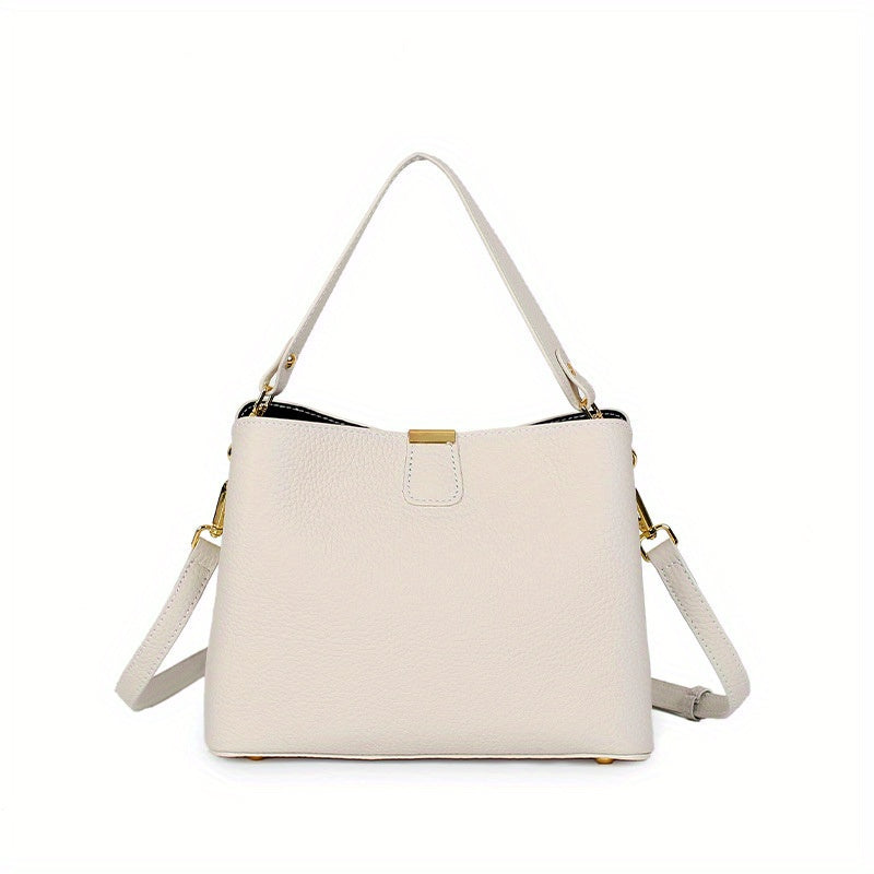 2025 New Model, High-End Grey Leather Women'S Handbag, Cowhide Large Capacity Bucket Bag, Versatile Commuting Shoulder Crossbody Bag, Lightweight And Fashionable Daily Bag