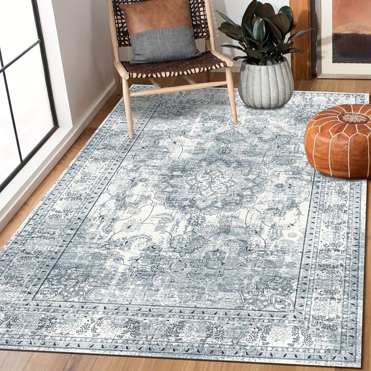 Area Rugs Boho Washable Area Rug For Bathroom, Bedroom, Large Area Rugs For Living Room Dining Room, Bohemian Vintage Non Slip Low Pile Indoor Accent Carpet For Home Office-blue Color Bathroom Mat