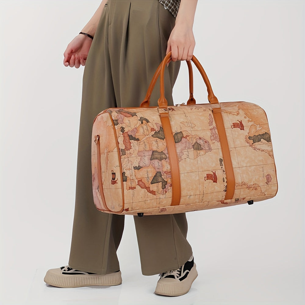 Vintage Leather Map Design Travel Duffel Bag, Large Capacity Luggage with Zipper Closure, Polyester Lined, Edge Painted - Hand Wash/Dry Clean Only, Secure Storage Bag | Retro Style Suitcase | Bag, Luggage for Travel