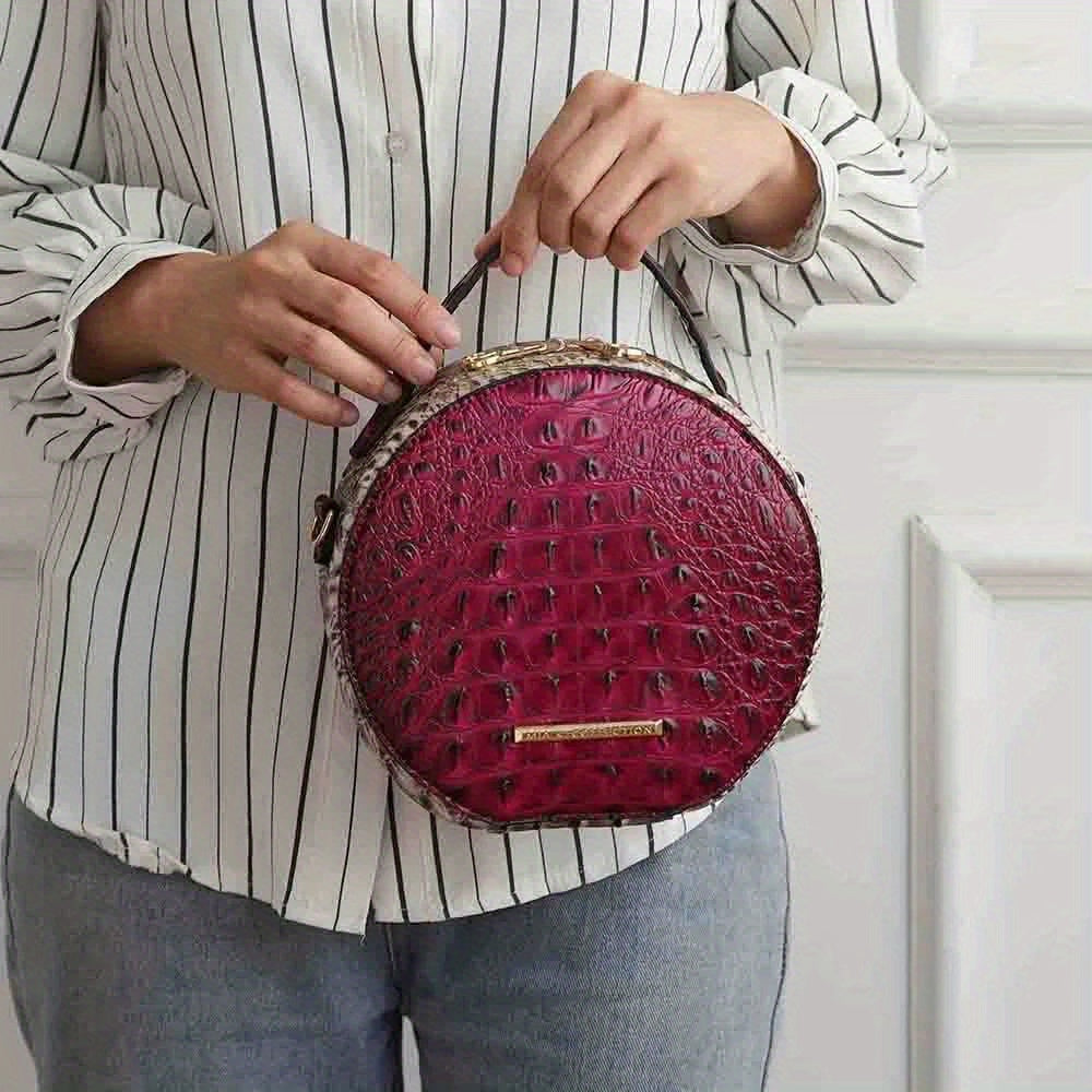 Collection Ynnari Women’s Red Crocodile-Embossed Round Crossbody Handbag with Golden-Tone Hardware, Genuine Leather | Stylish Crossbody