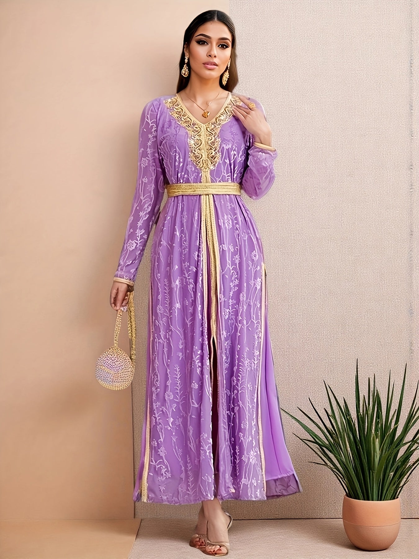 Elegant Women's Emirati Abaya Dress - Long Sleeve, Lace Detailing, Belted Waist, Flowing Design, Solid Purple, Perfect for Spring/Summer Casual Wear, Cultural Fashion, Elegant Attire | Flowing Abaya