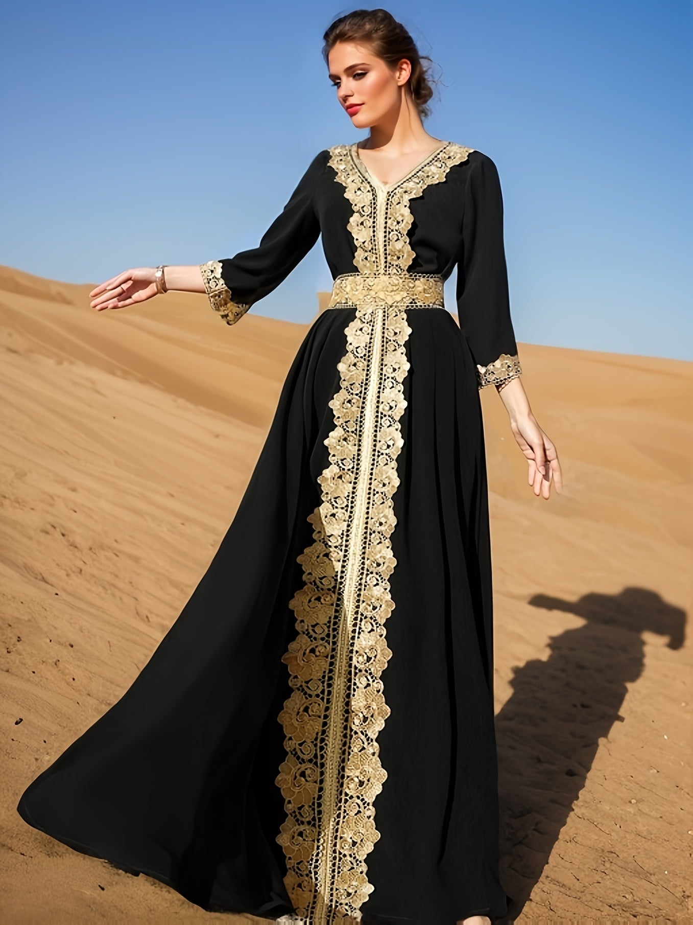 Elegant Golden Contrast Lace Detail Maxi Palestinian Abaya - V-Neck, Long Sleeve, Polyester, Formal or Evening Wear for Women, Formal Occasion Attire | Lace Detailing | Polyester Fabric