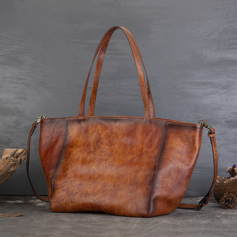 Tanned Cowhide Large Capacity Tote Bag, Genuine Leather One-Shoulder Cross-Span Bag Women's Large Bag Shopping Bag
