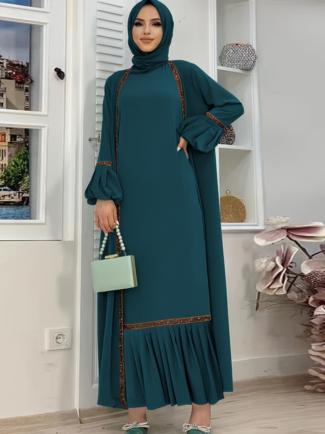 Abaya Contrast Trim Elegant Two Piece Set, Ruffle Hem Tank Dress & Lantern Sleeve Open Front Cardigan Outfits, Women's Clothing