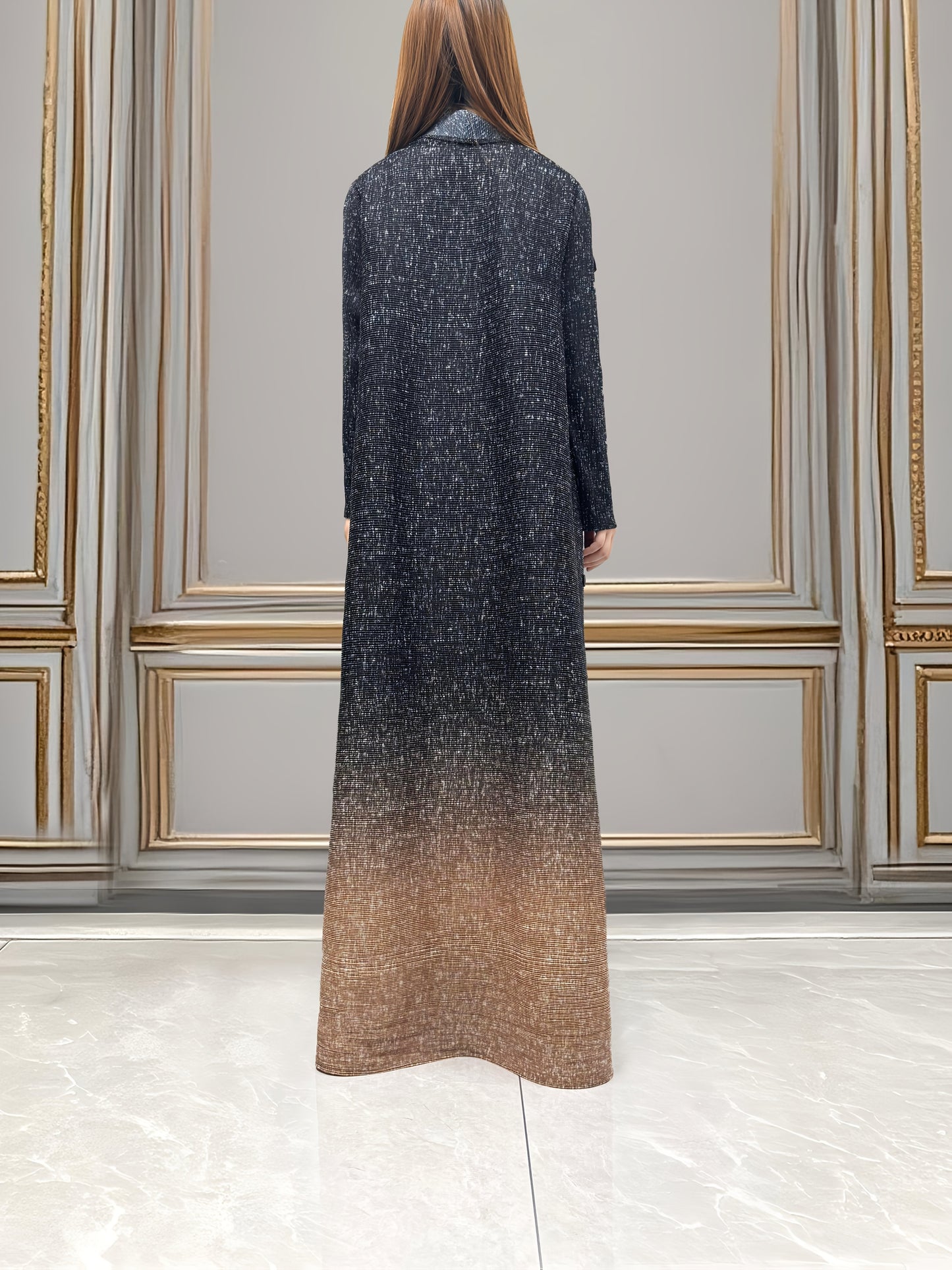 Elegant Black to Brown Ombre Modern Abaya Robe - High Elasticity Breathable Fabric, A-Line Pleated Design with Lapel & Button Details, Machine Washable for Business Banquets, Art Salons